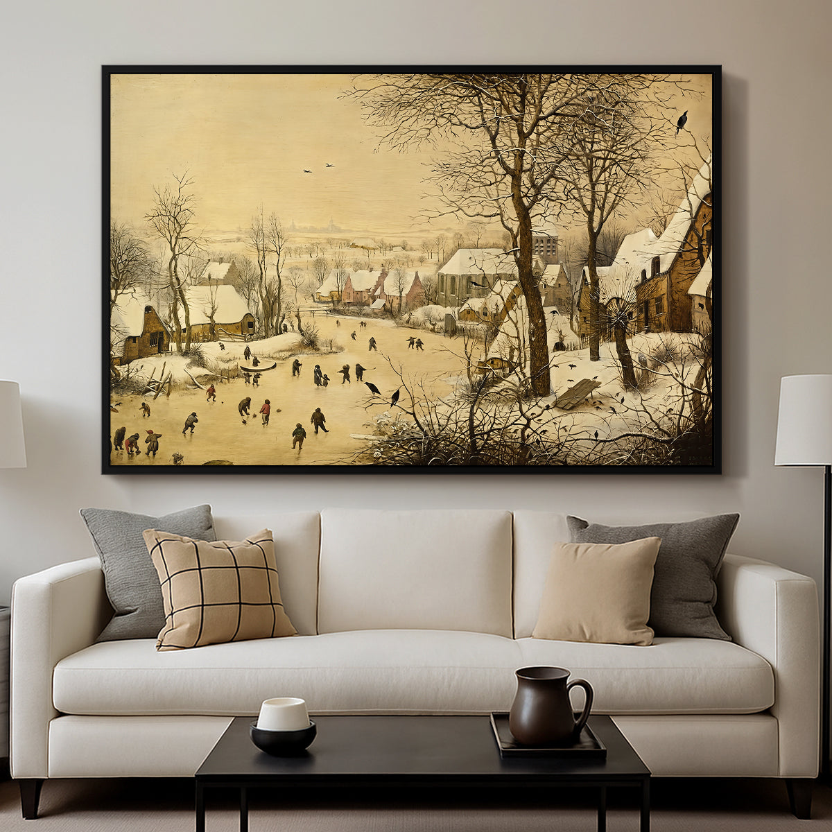 Winter Landscape with Skaters and Bird Trap, 1565 - Floater Framed Canvas Print