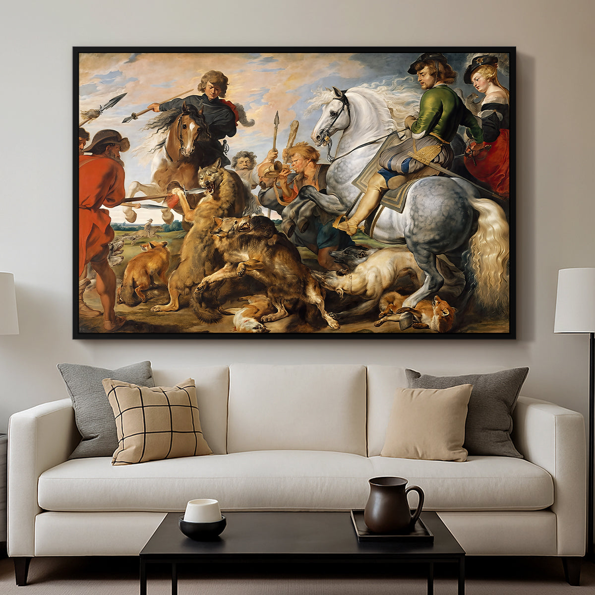 The Wolf and Fox Hunt, c. 1616 - Floater Framed Canvas Print