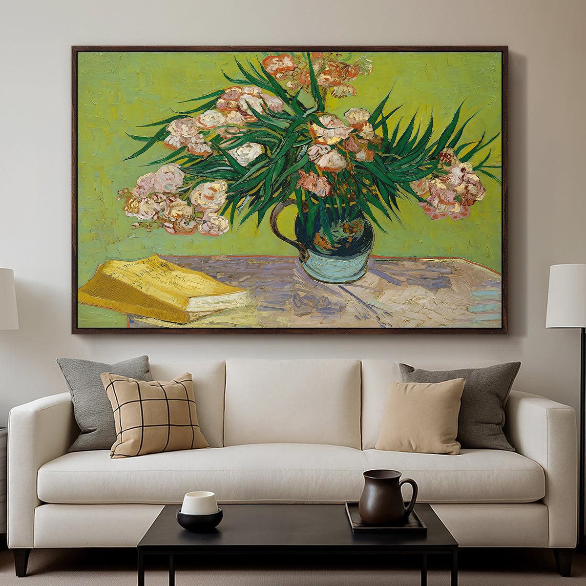 Vase with Oleanders and Books, 1888 - Floater Framed Canvas Print