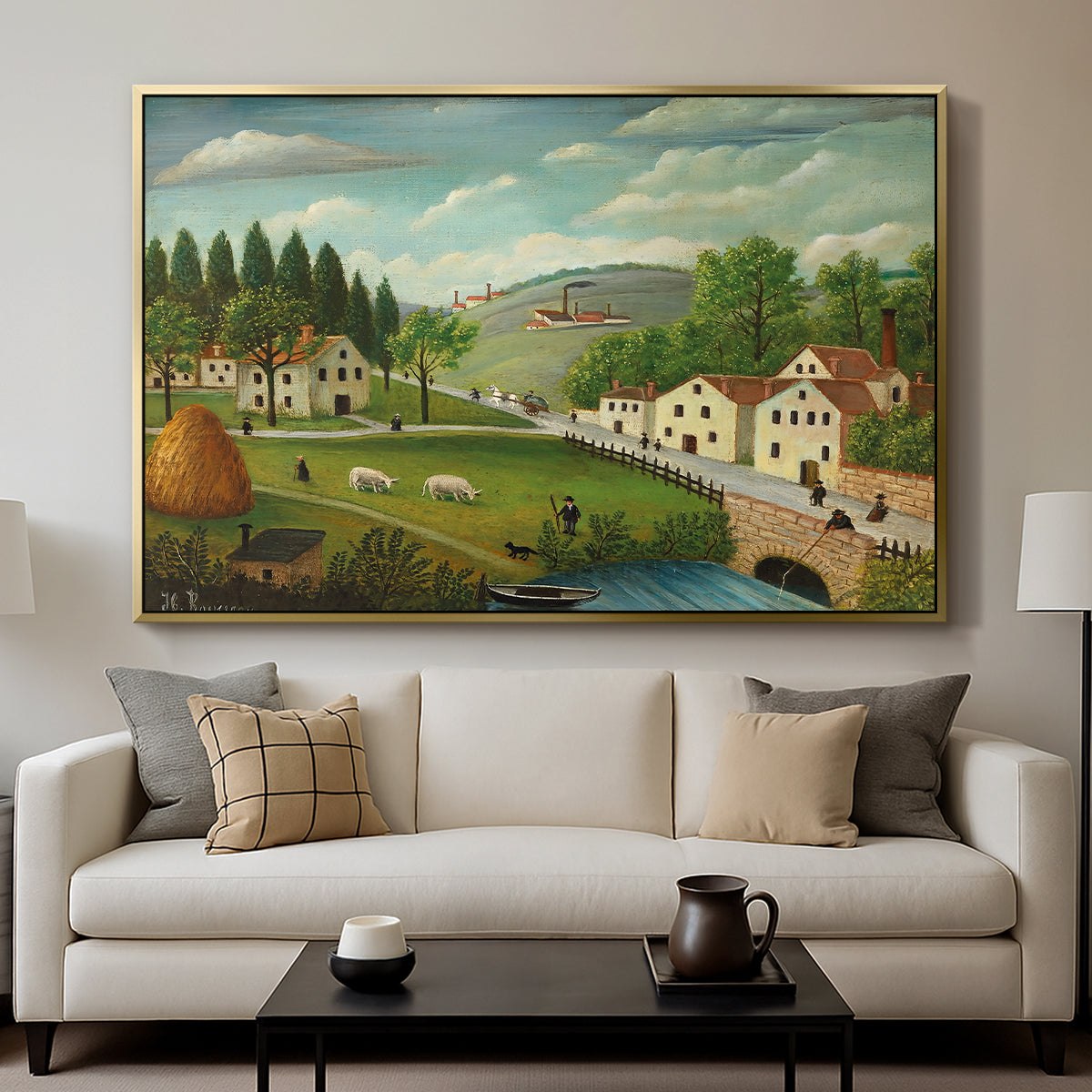 Pastoral Landscape with Stream, Fisherman and Strollers, 1875-1880 - Floater Framed Canvas Print