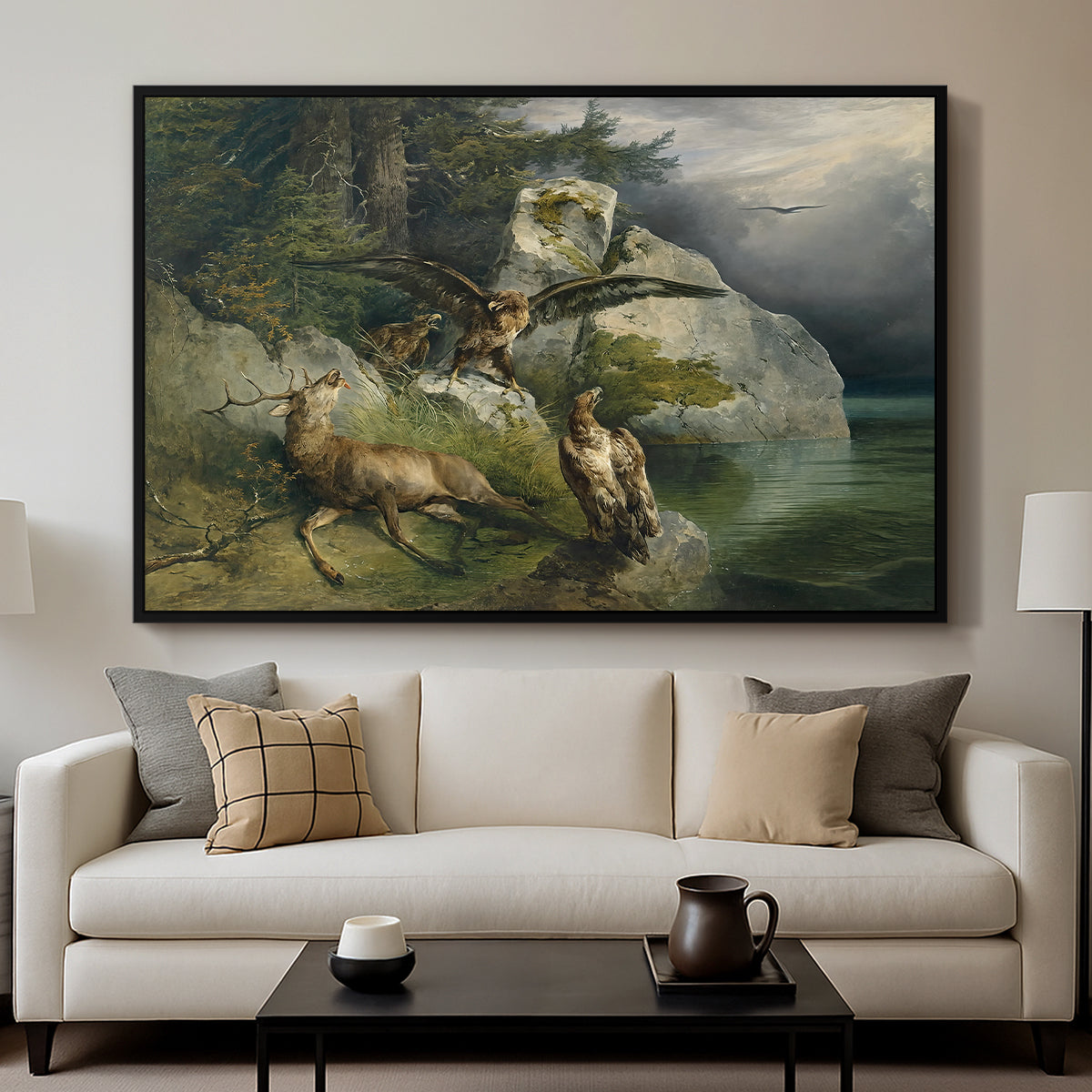 Eagles and Dying Stag on a Lakeshore, 1836 - Floater Framed Canvas Print