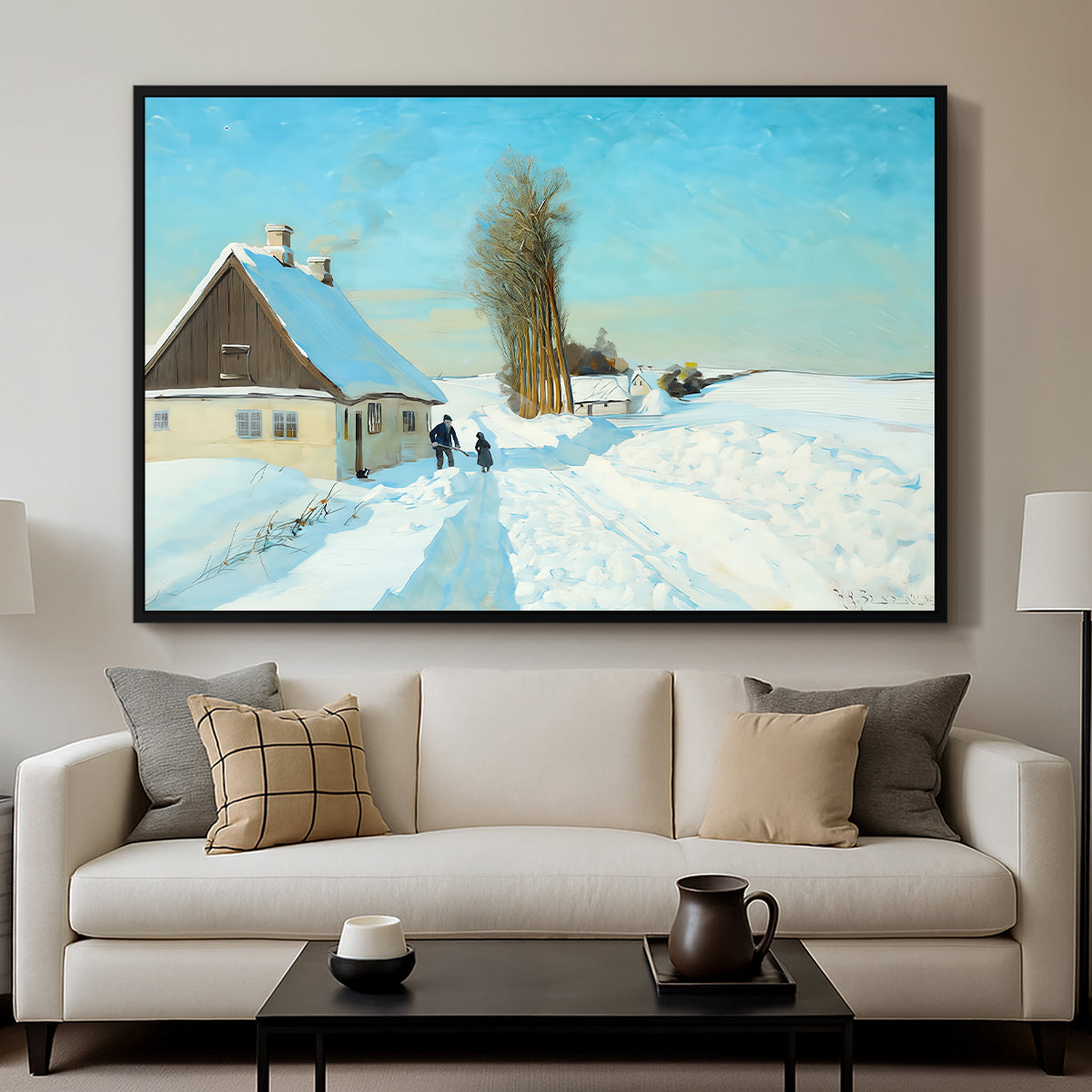 Shoveling Snow on a Beautiful Winter Day, c. 1898 - Floater Framed Canvas Print