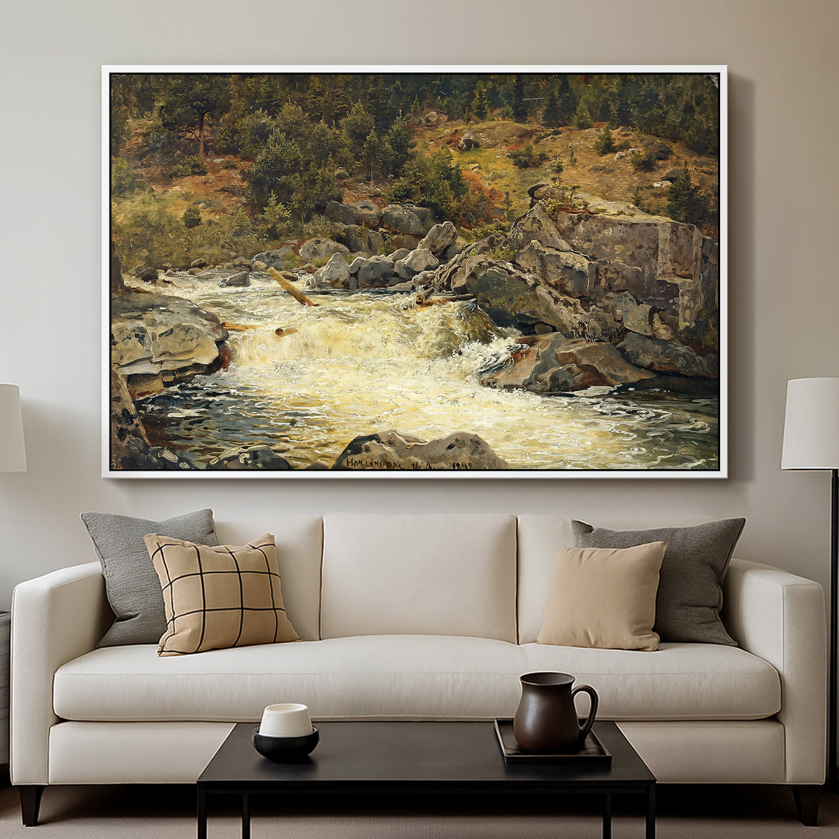 Waterfall in Hallingdal, 1848 - Floater Framed Canvas Print