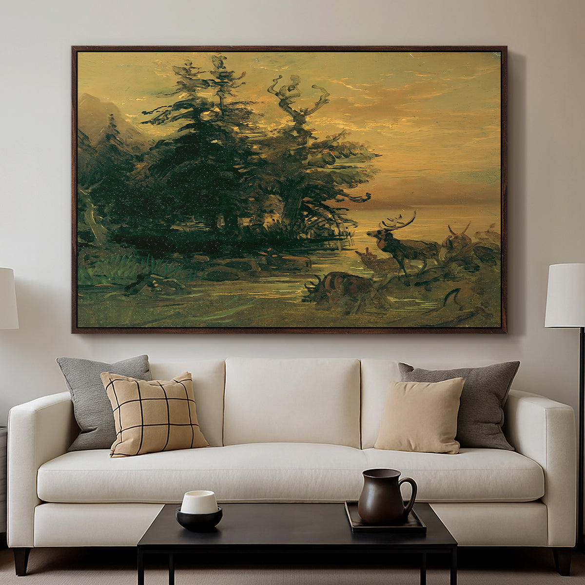 Wallowing Deer on the Shore of a Mountain Lake, c. 1850 - Floater Framed Canvas Print