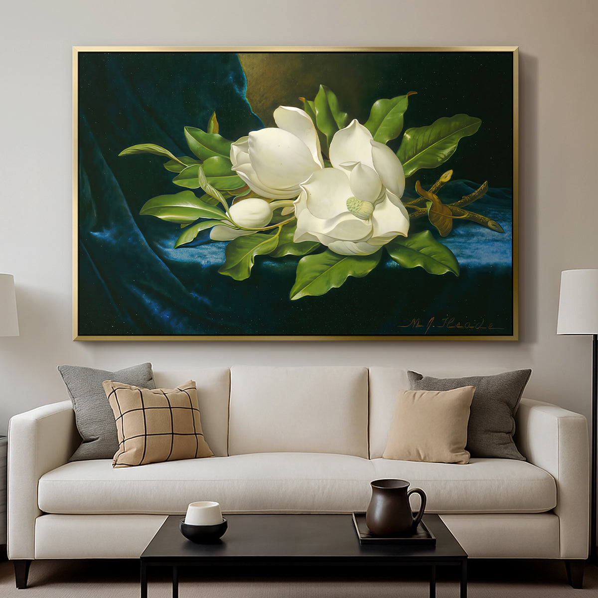 Giant Magnolias on a Blue Velvet Cloth, c. 1890 - Floater Framed Canvas Print