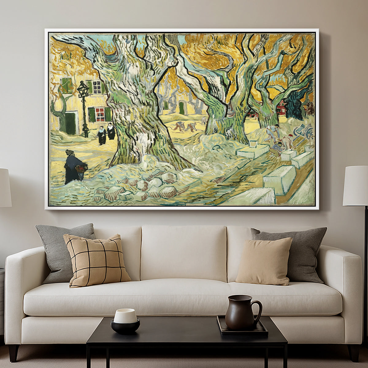 The Large Plane Trees (Road Menders at Saint-Rémy), 1889 - Floater Framed Canvas Print