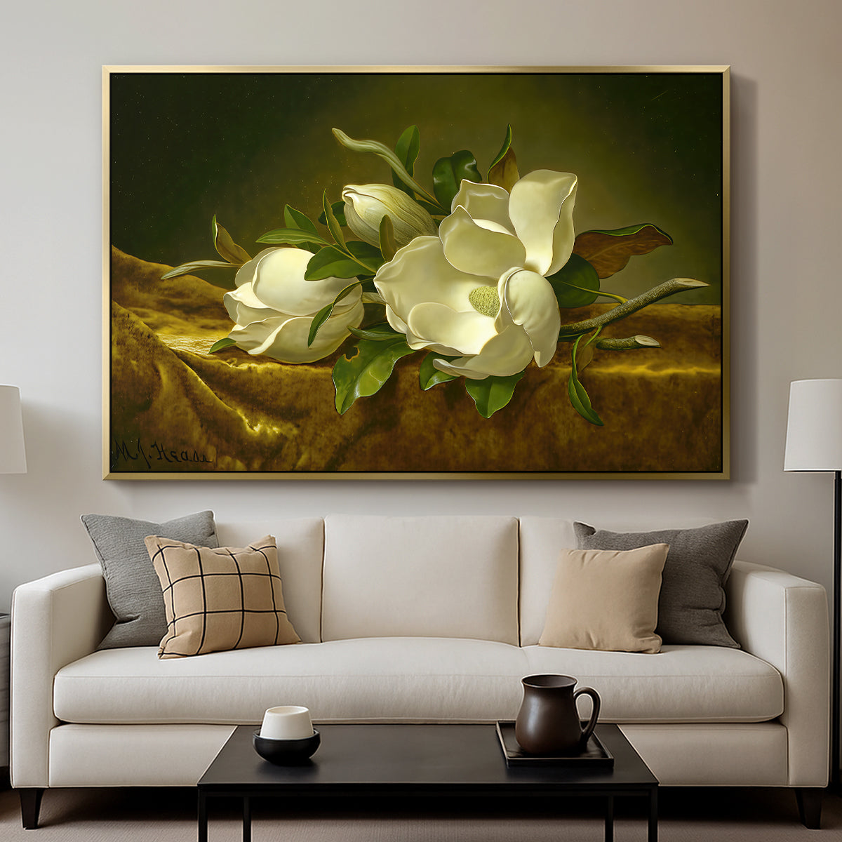 Magnolias on Gold Velvet Cloth, c. 1888-1890 - Floater Framed Canvas Print
