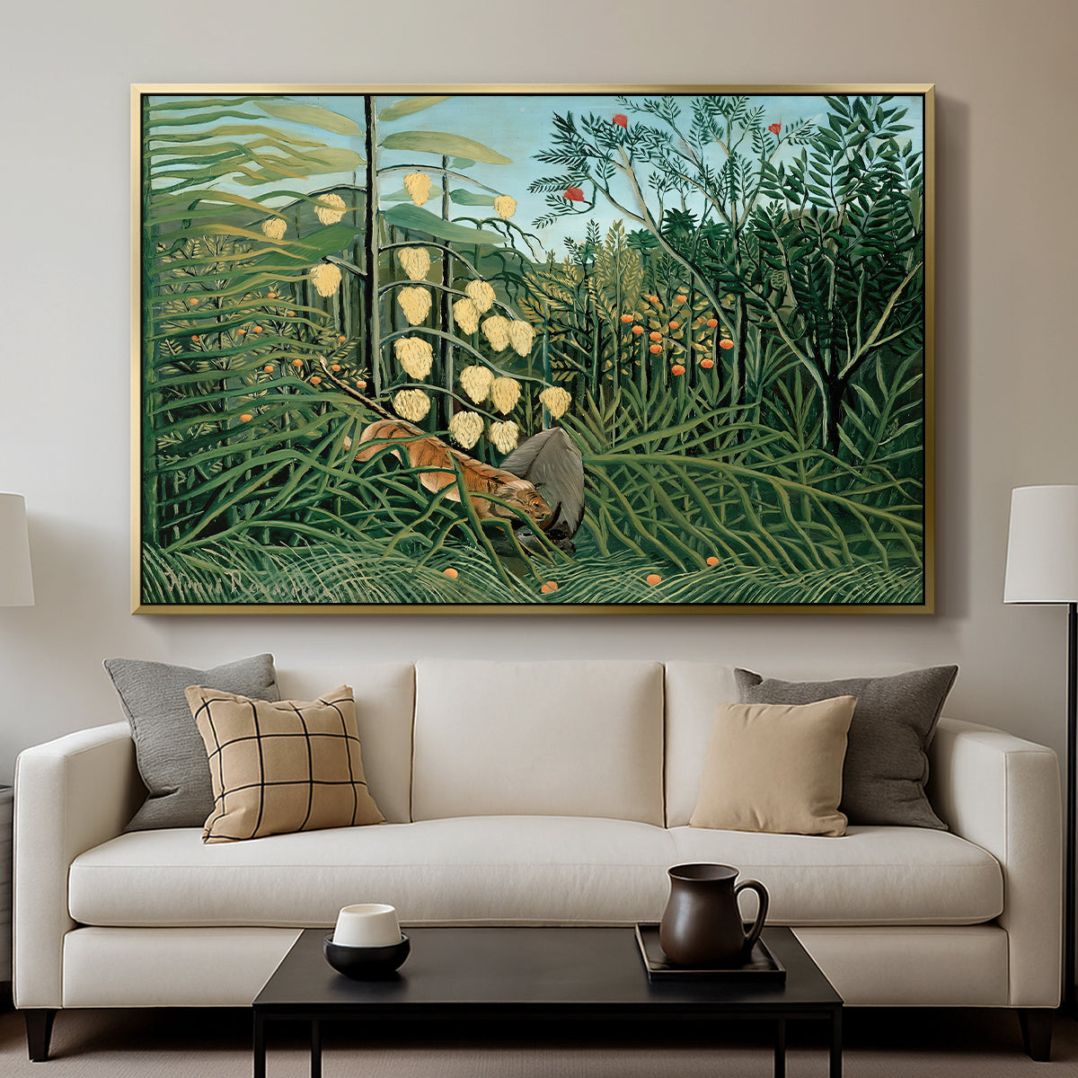 Fight Between a Tiger and a Buffalo, 1908 - Floater Framed Canvas Print