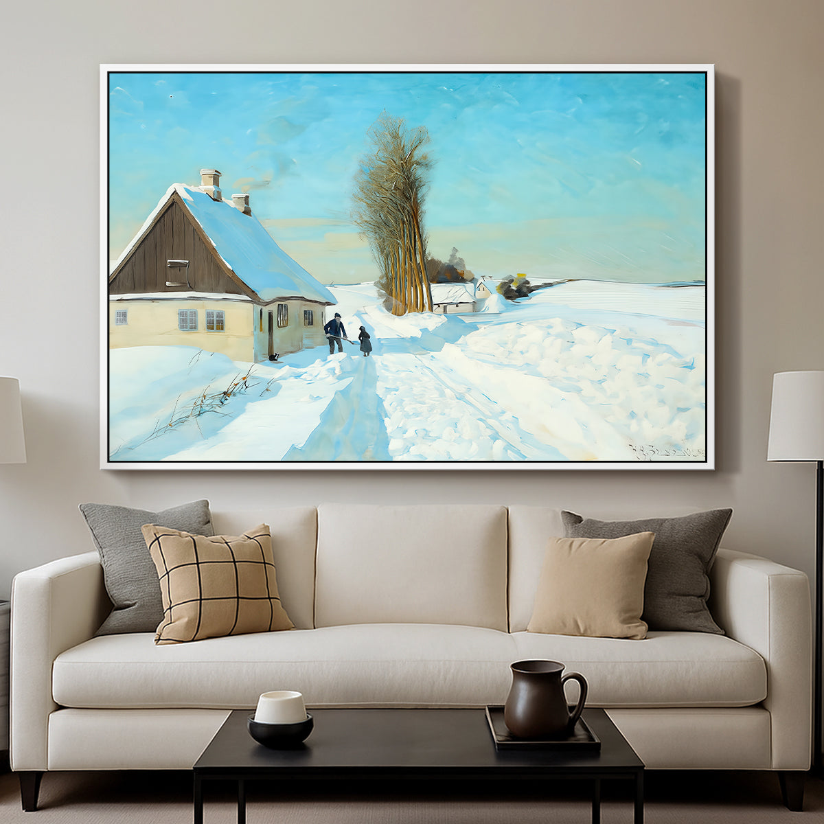 Shoveling Snow on a Beautiful Winter Day, c. 1898 - Floater Framed Canvas Print