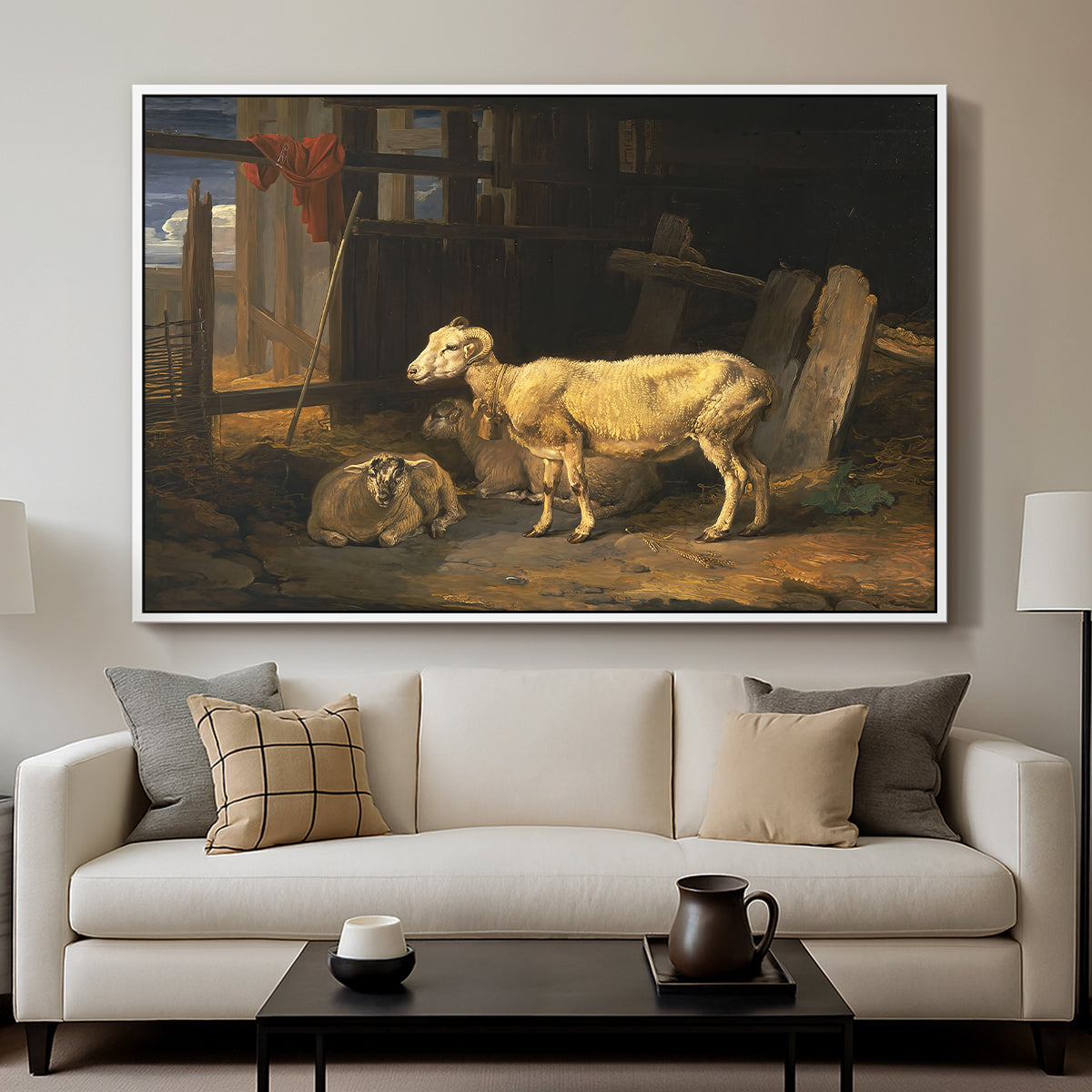Sheep in a Stable, 1810 - Floater Framed Canvas Print