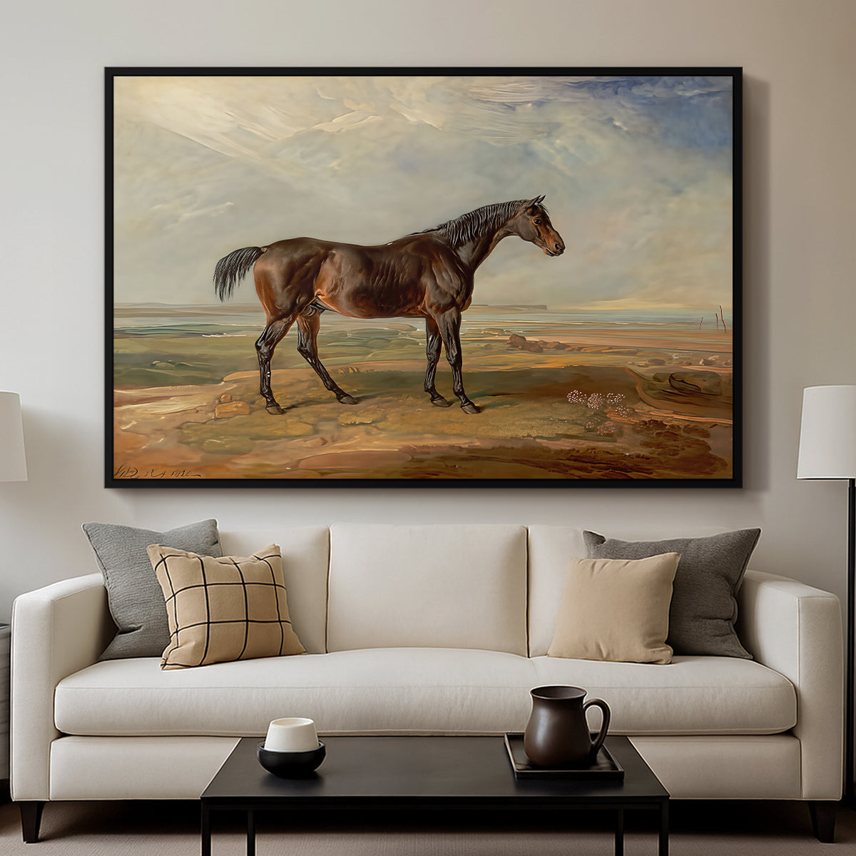 Dr. Syntax, a Bay Racehorse, Standing in a Coastal Landscape, an Estuary Beyond, c. 1820 - Floater Framed Canvas Print