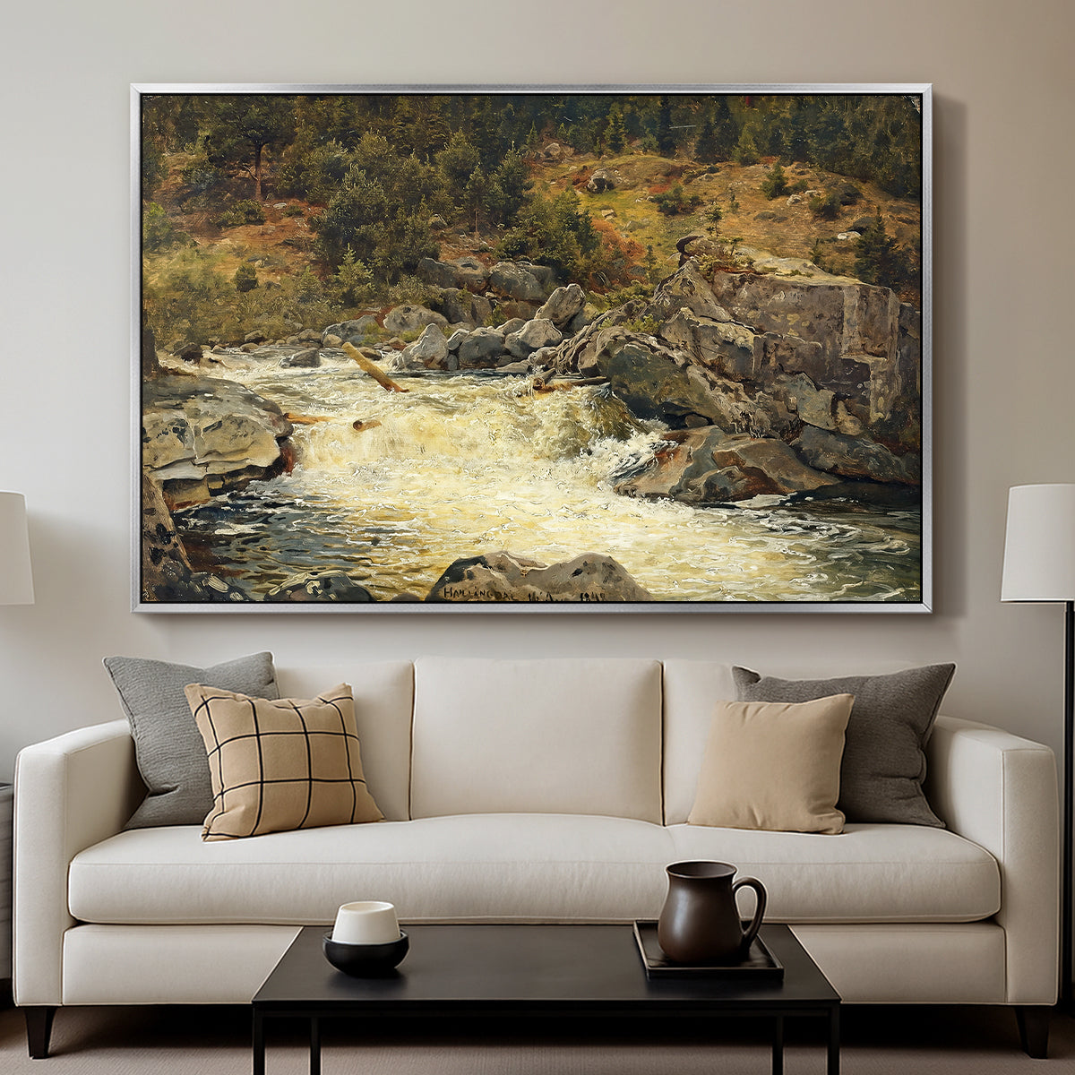 Waterfall in Hallingdal, 1848 - Floater Framed Canvas Print