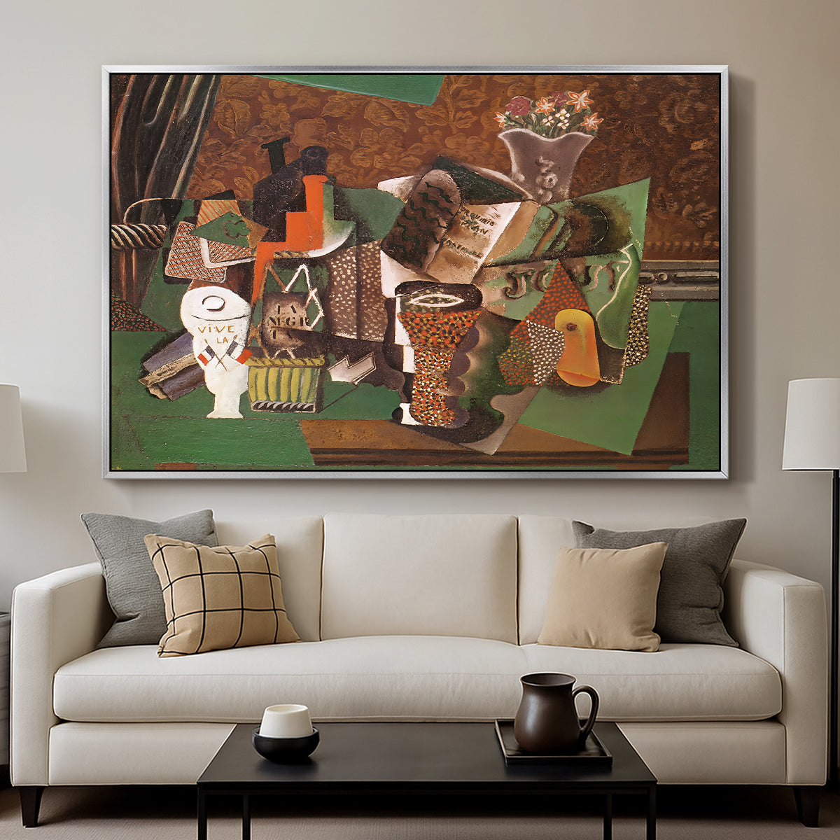 Playing Cards, Glasses, Bottle of Rum: "Vive la France", 1914-1915 - Floater Framed Canvas Print