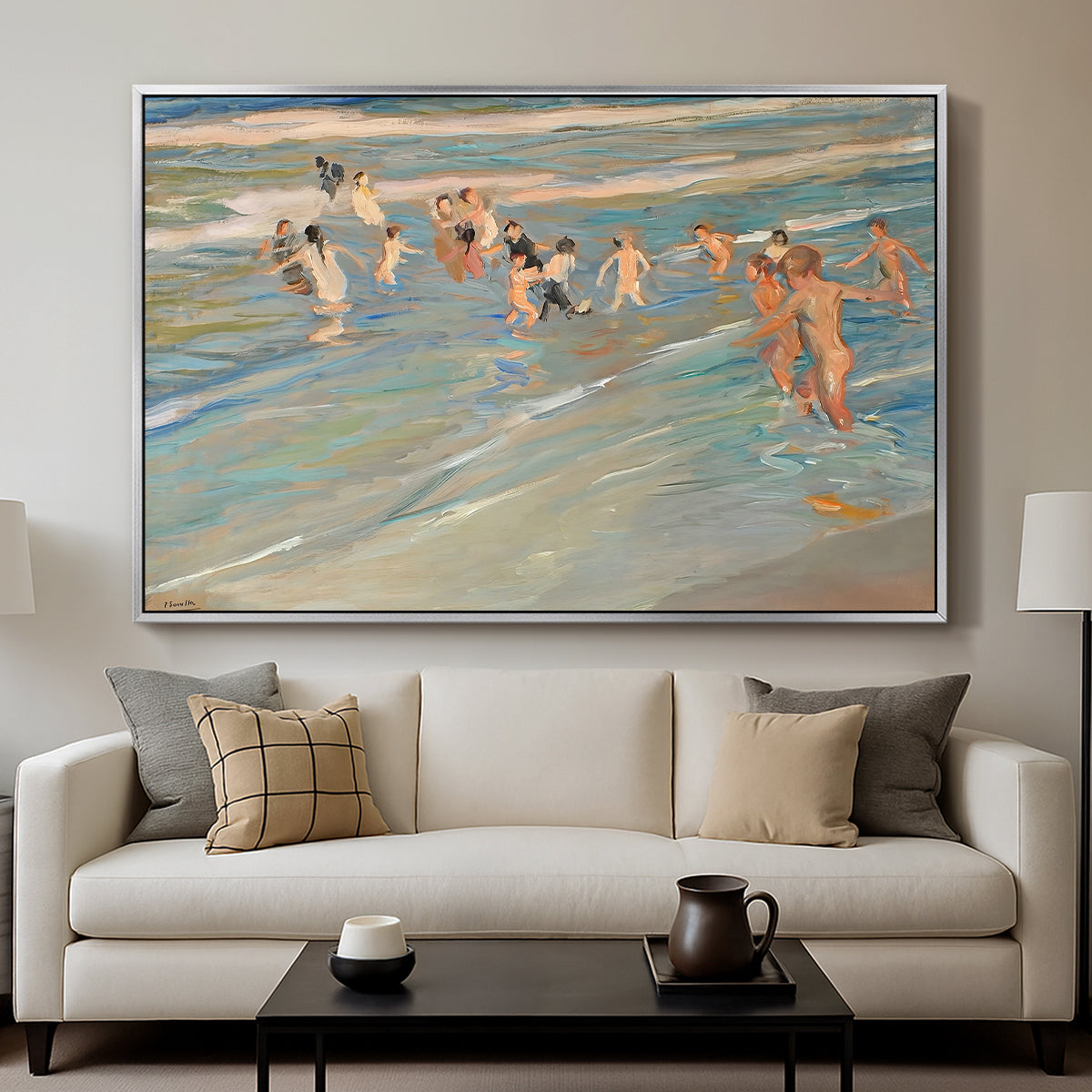 Children Playing on the Beach in Valencia, c. 1908 - Floater Framed Canvas Print
