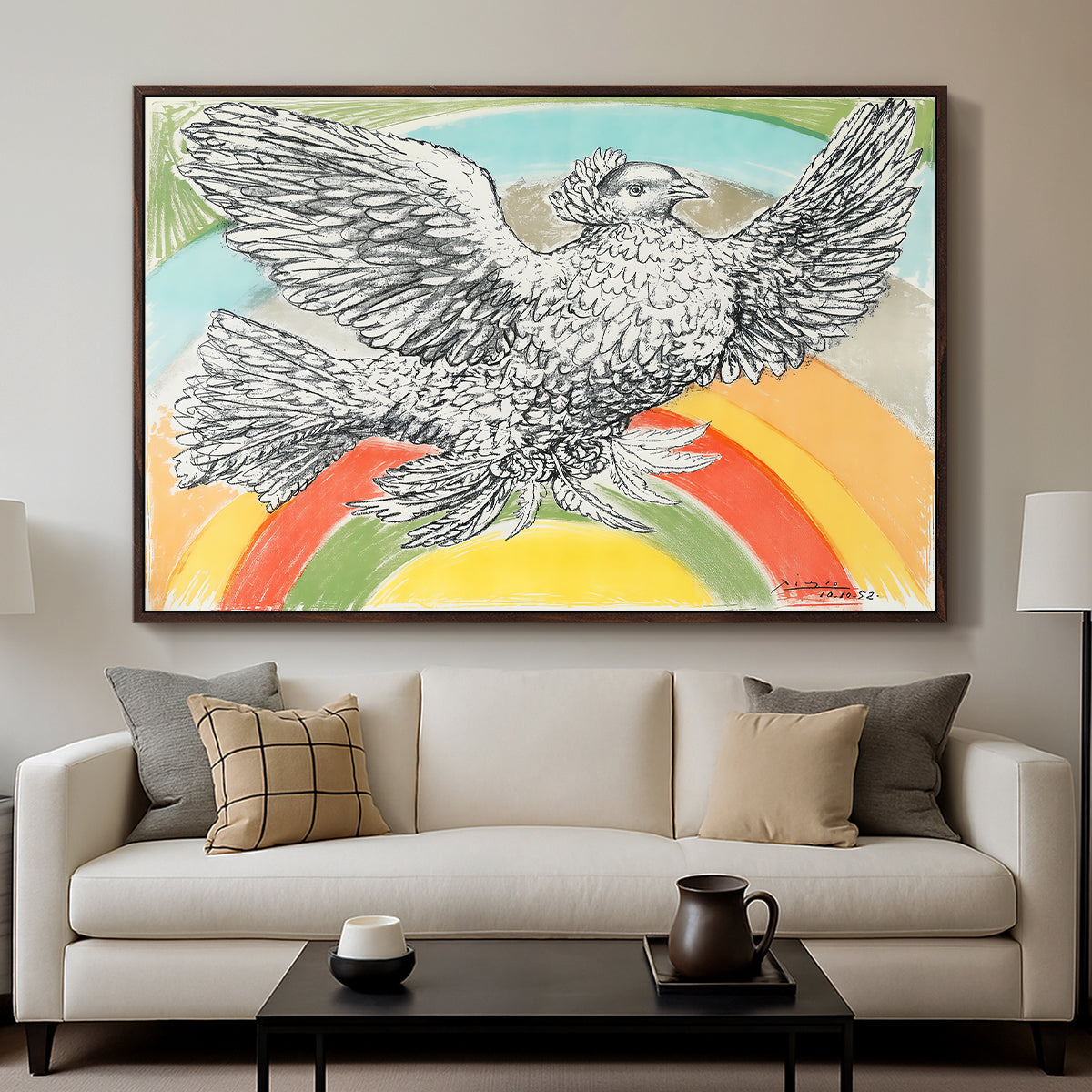 Flying Dove with Rainbow (Colombe volant à l'Arc-en-ciel), 1952 - Floater Framed Canvas Print