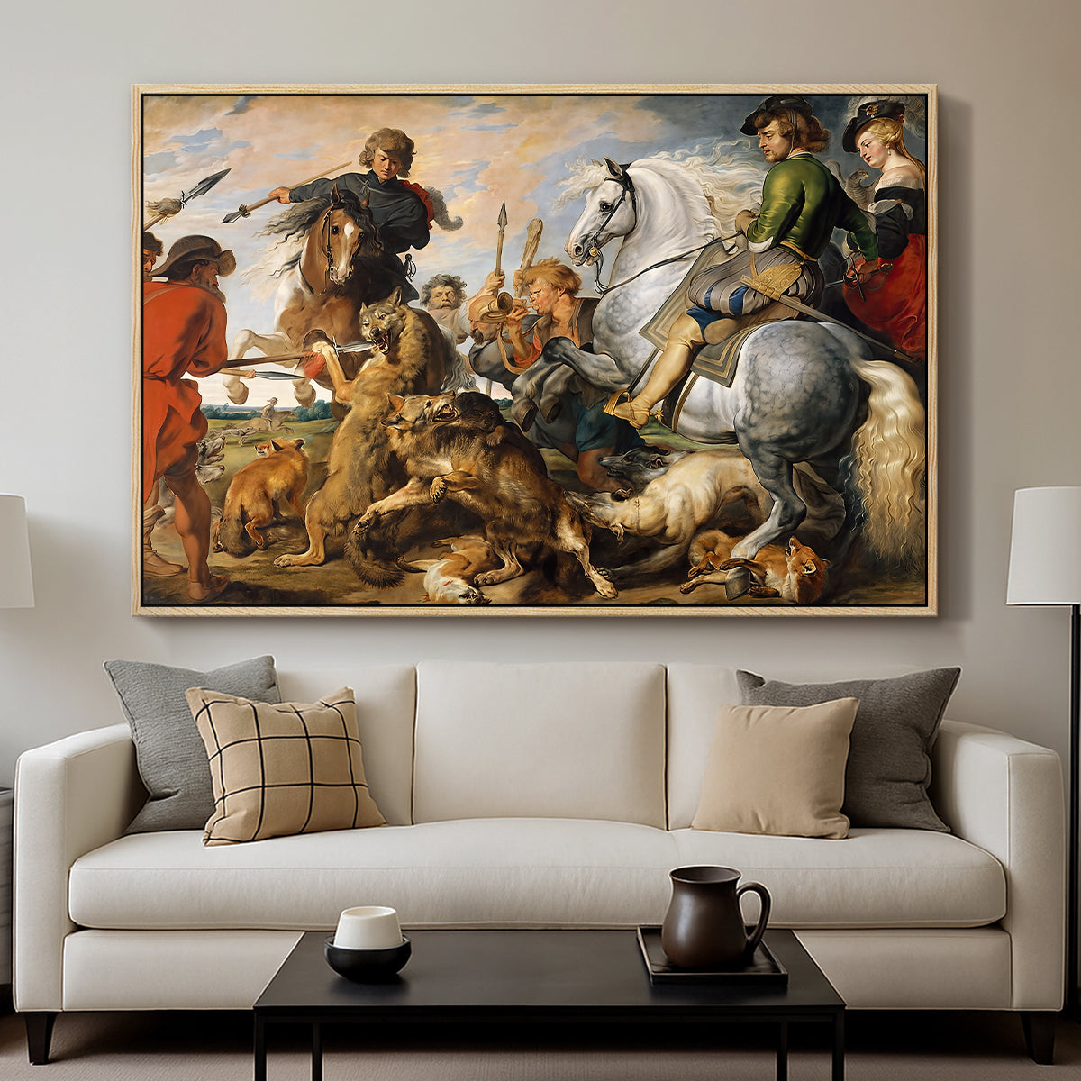 The Wolf and Fox Hunt, c. 1616 - Floater Framed Canvas Print