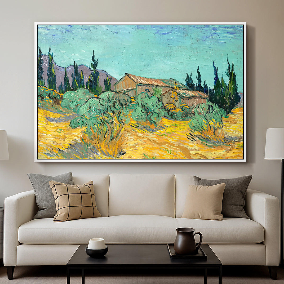 Wooden Sheds Among the Olive Trees and Cypresses, 1889 - Floater Framed Canvas Print