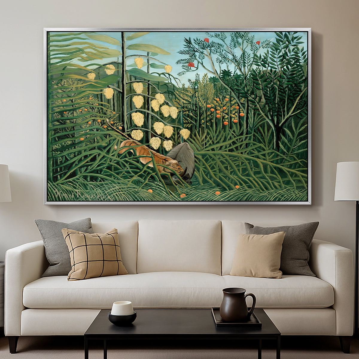 Fight Between a Tiger and a Buffalo, 1908 - Floater Framed Canvas Print