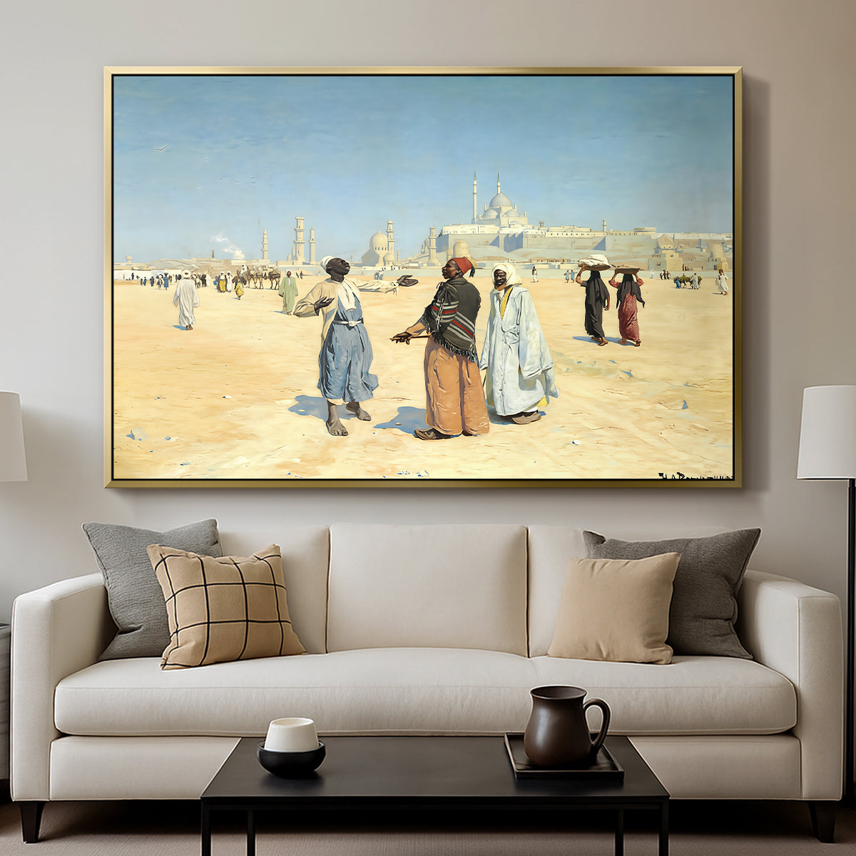 View from the Desert of Cairo with Citadel and Mamluk Tombs in the Background, c. 1889-1890 - Floater Framed Canvas Print