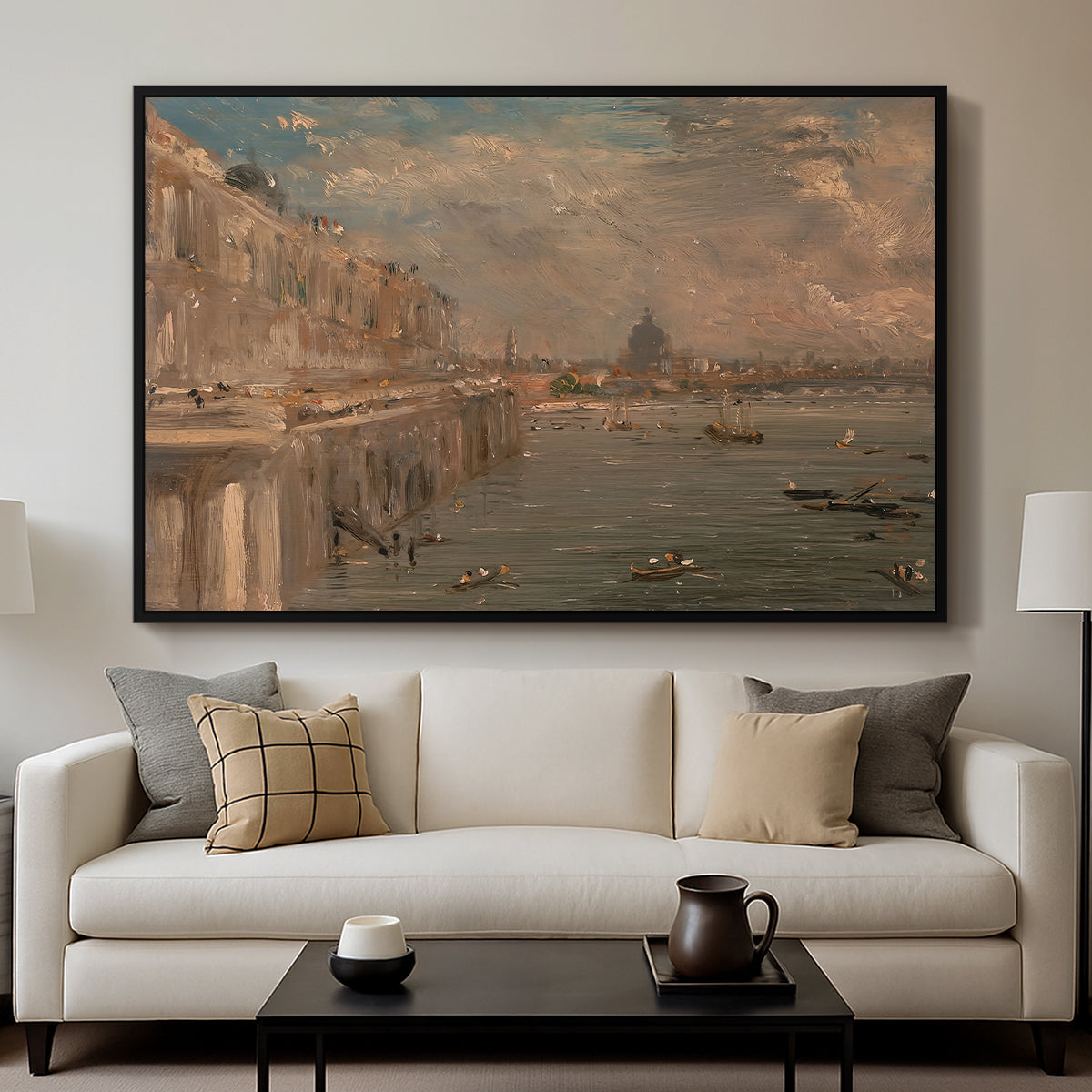 Somerset House Terrace from Waterloo Bridge, c. 1819 - Floater Framed Canvas Print