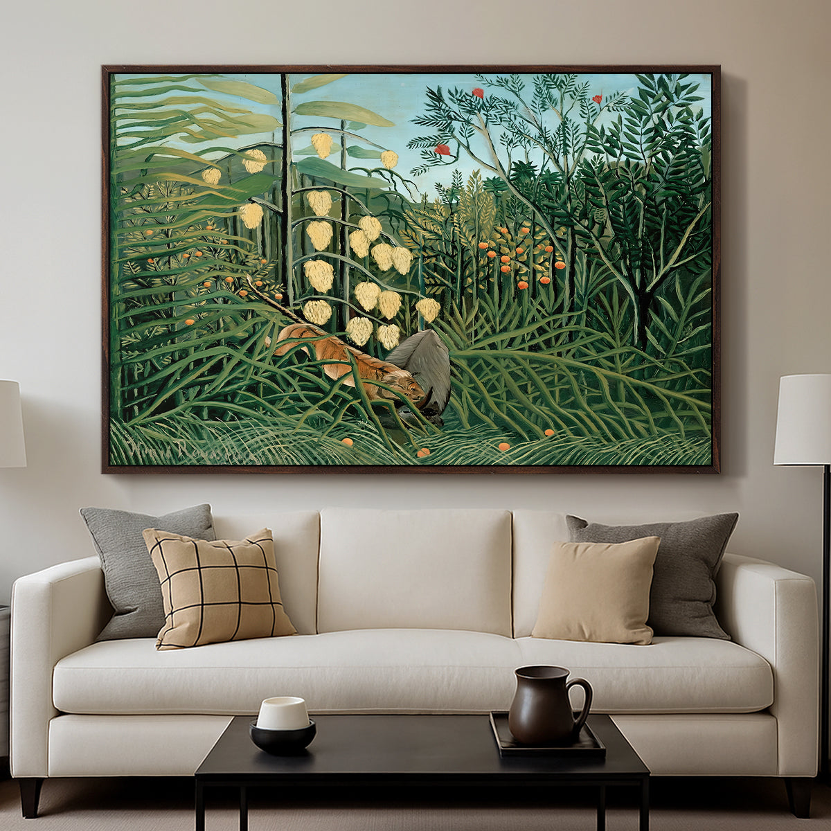 Fight Between a Tiger and a Buffalo, 1908 - Floater Framed Canvas Print