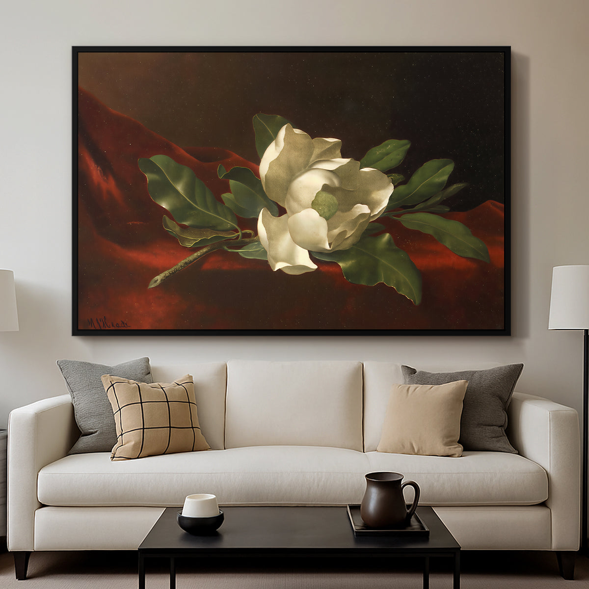 Magnolia on Red Velvet, c. 1885-1890 - Floater Framed Canvas Print