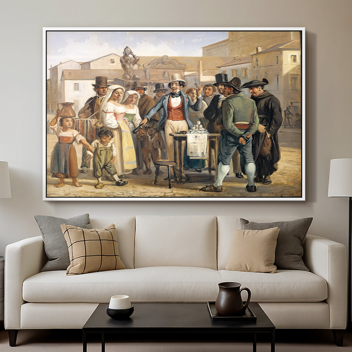 A Charlatan Selling Blacking in the Piazza Barberini in Rome, c. 1840-1849 - Floater Framed Canvas Print