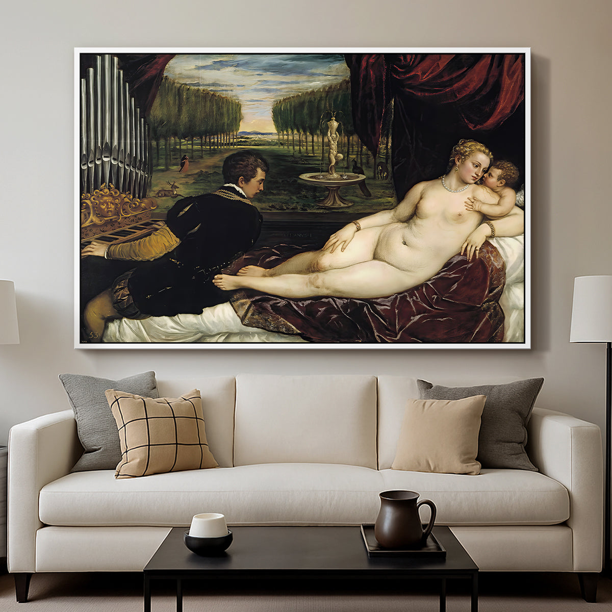 Venus with an Organist and Cupid, c. 1555 - Floater Framed Canvas Print