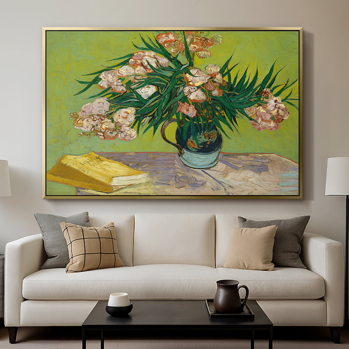 Vase with Oleanders and Books, 1888 - Floater Framed Canvas Print