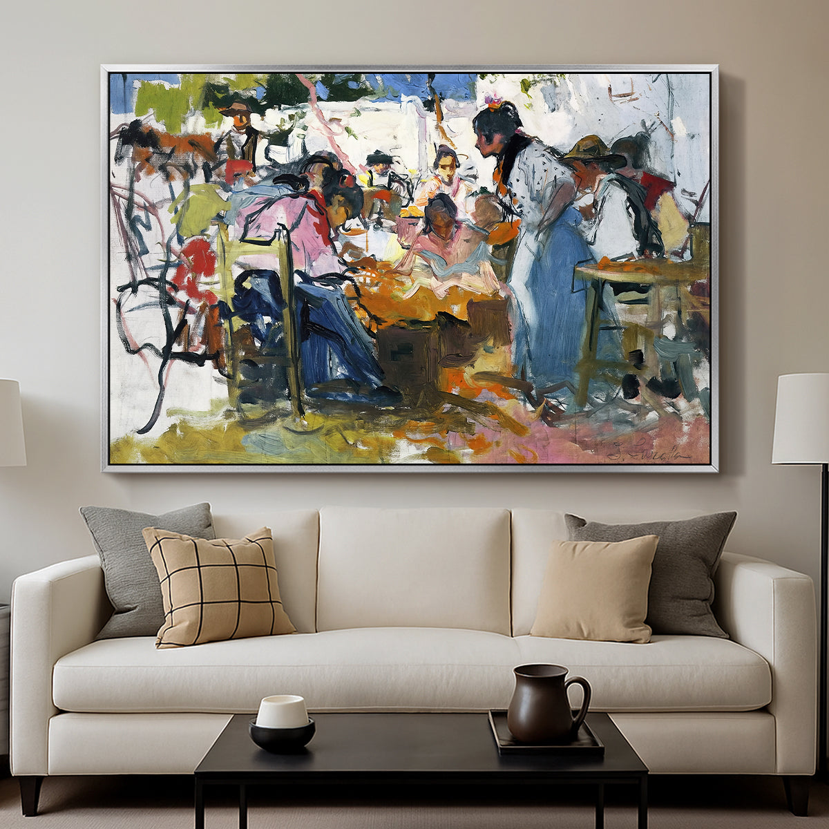 Net Menders in Valencia, 1909 - Floater Framed Canvas Print