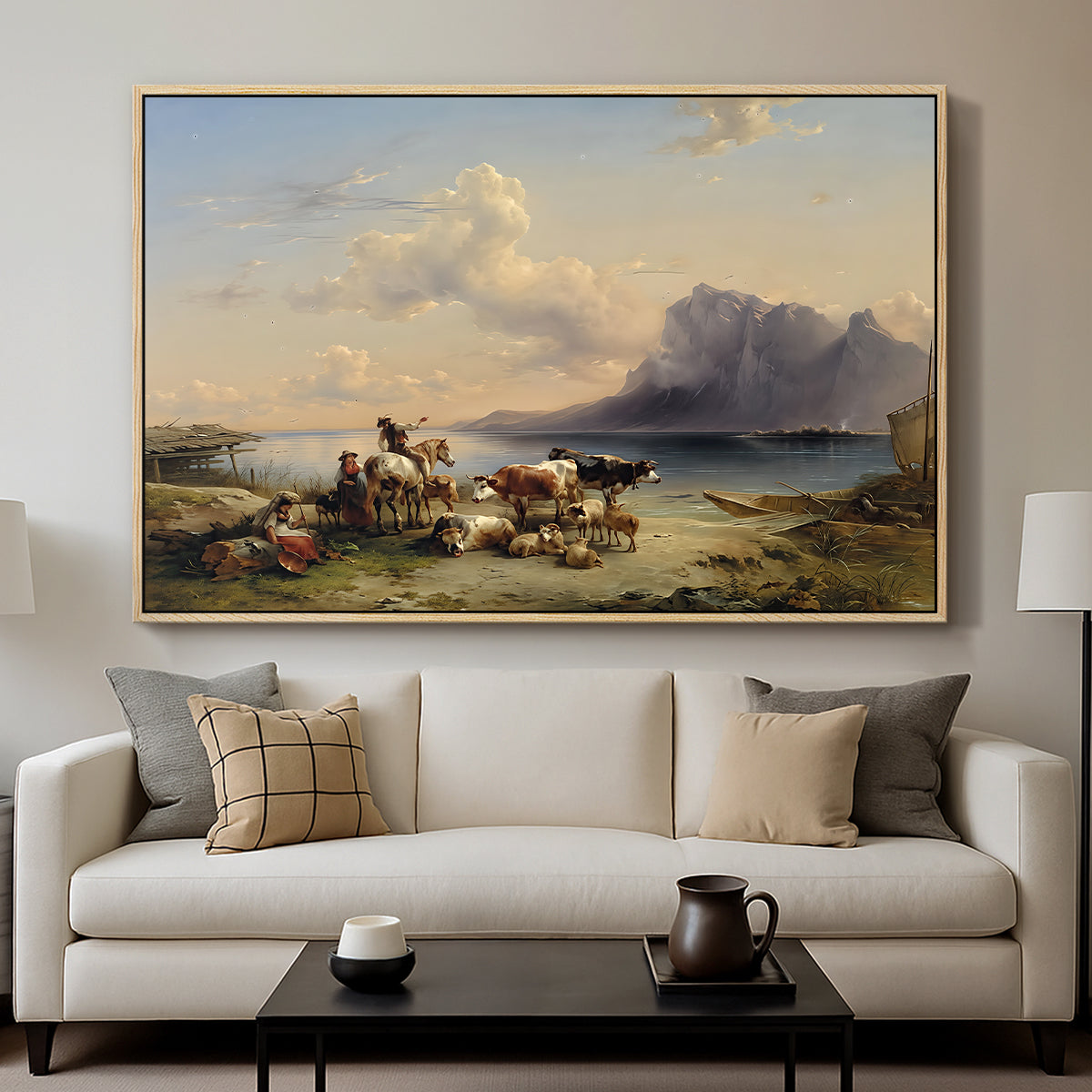 Shepherds and Cattle on Lake Attersee, 1852 - Floater Framed Canvas Print