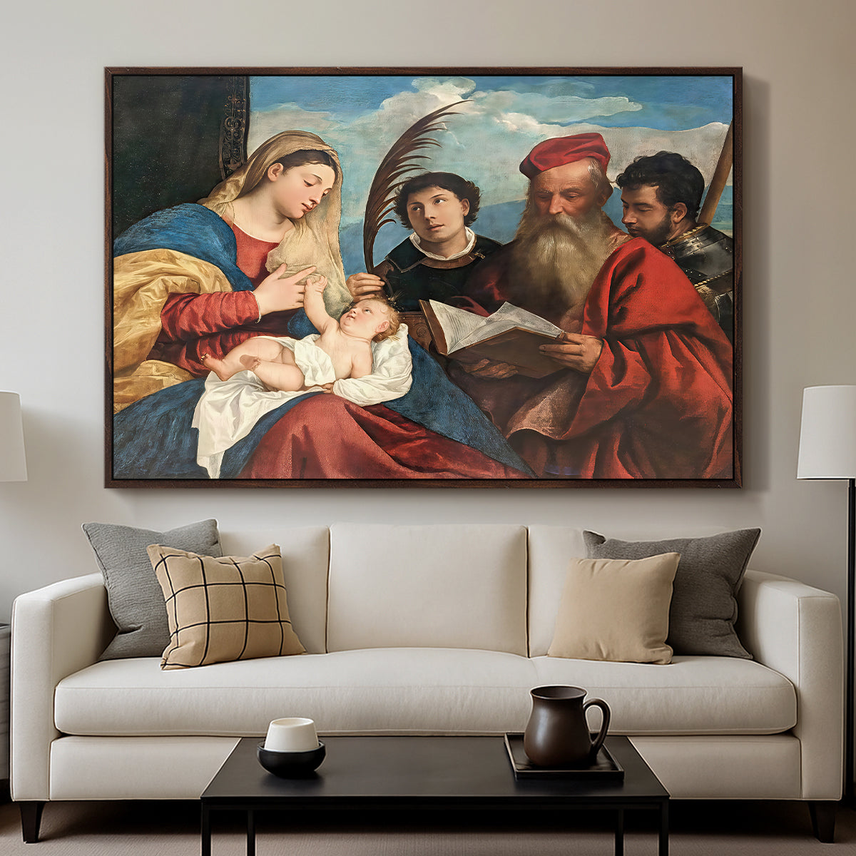 Mary and Child with Saints Stephen, Jerome and Maurice, c. 1510 - Floater Framed Canvas Print