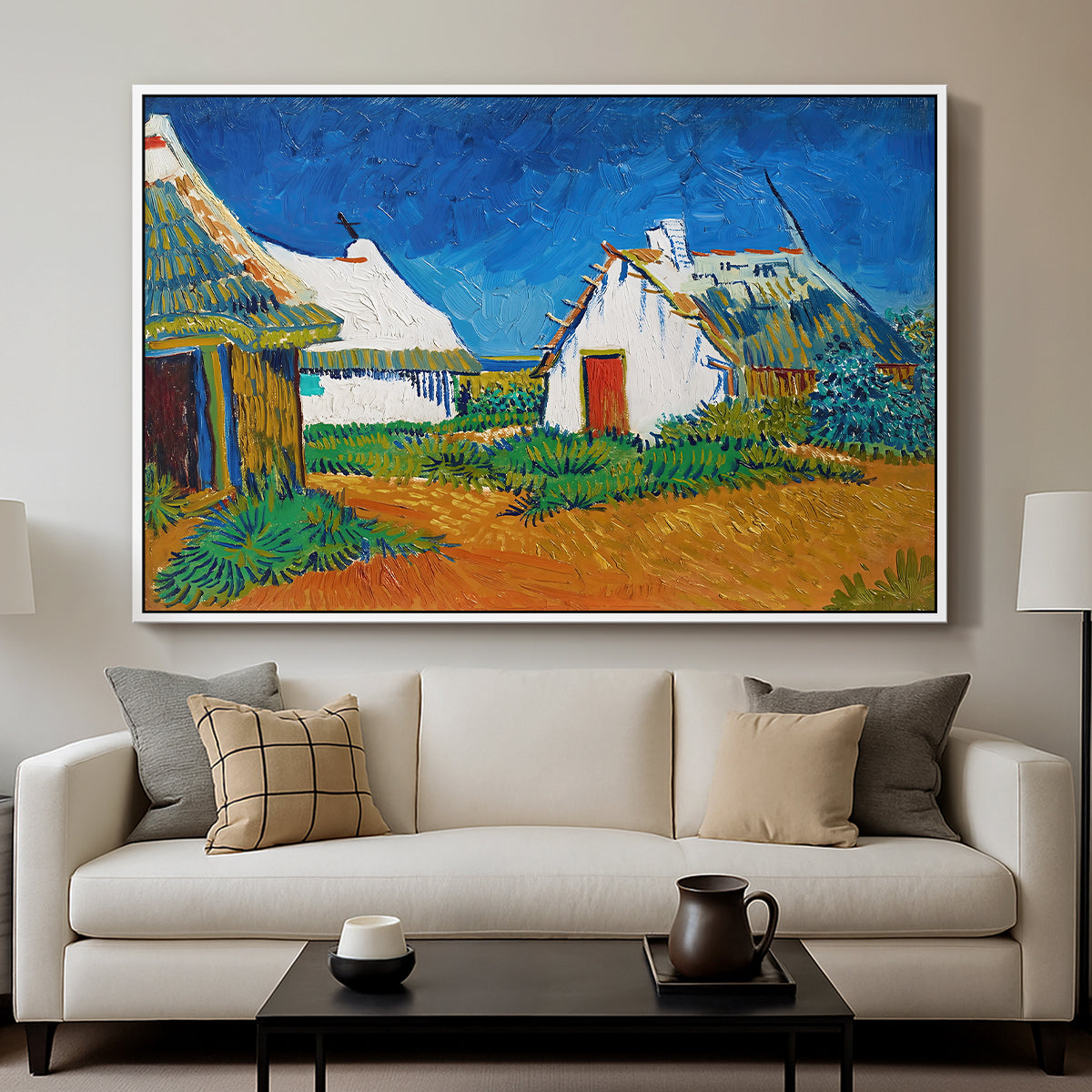 Three White Cottages at Saintes-Maries, 1888 - Floater Framed Canvas Print