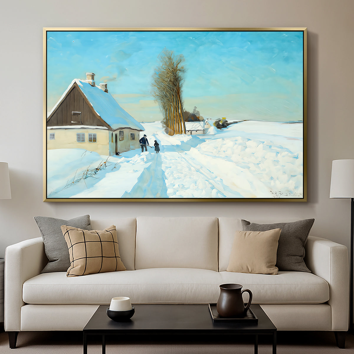 Shoveling Snow on a Beautiful Winter Day, c. 1898 - Floater Framed Canvas Print
