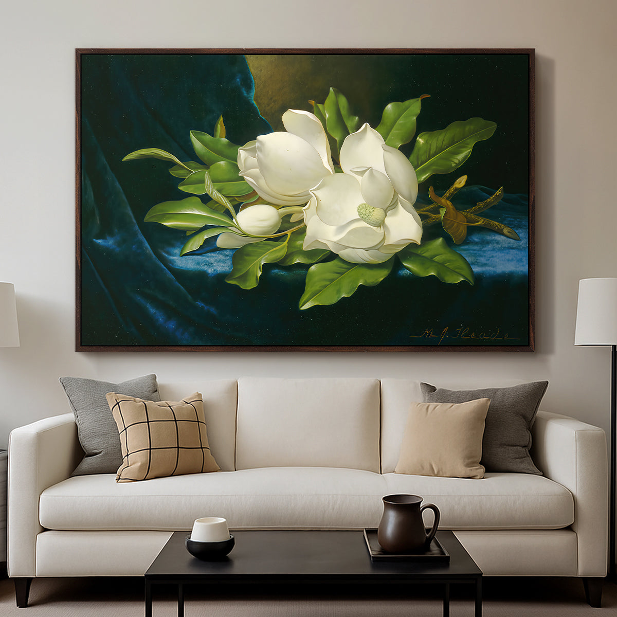 Giant Magnolias on a Blue Velvet Cloth, c. 1890 - Floater Framed Canvas Print