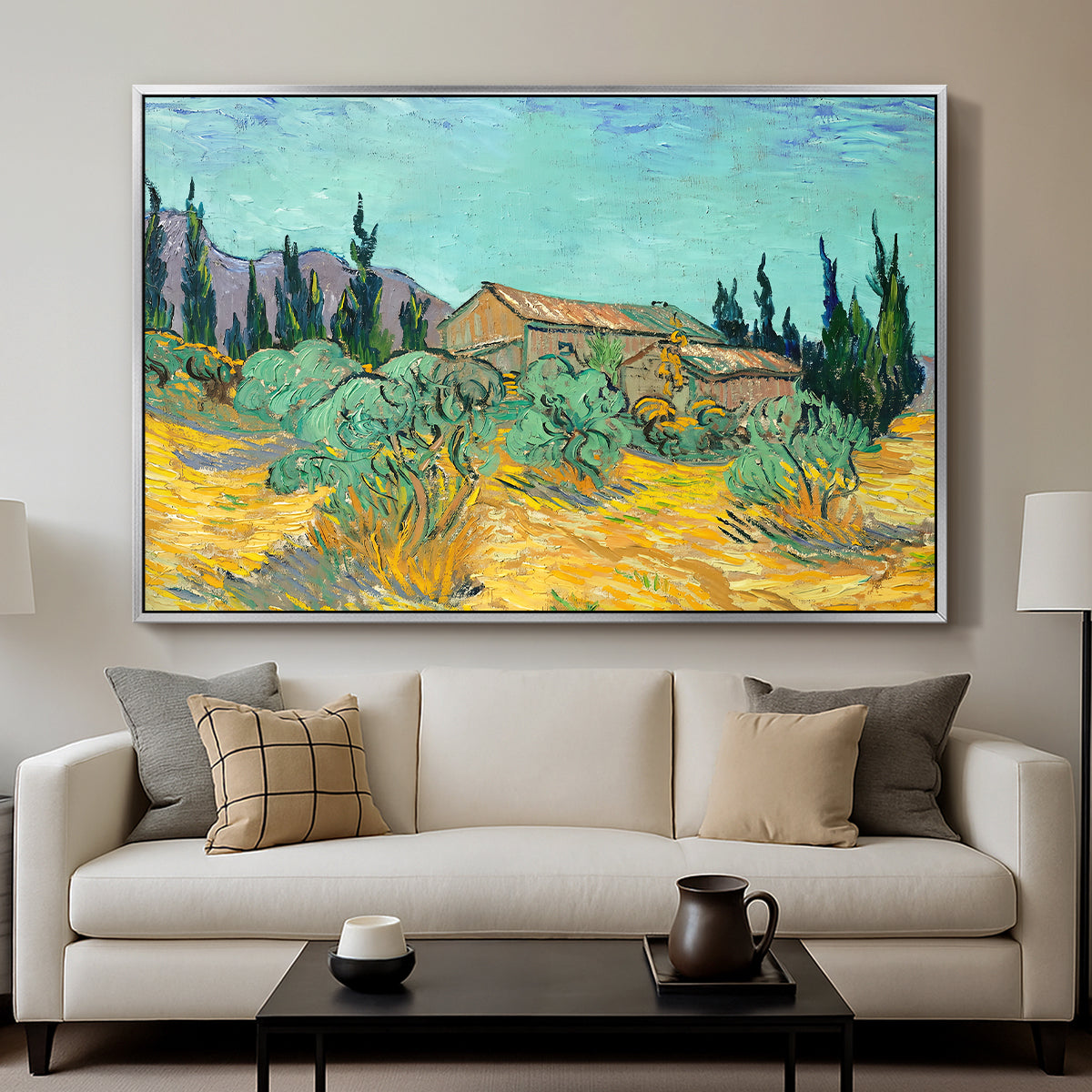 Wooden Sheds Among the Olive Trees and Cypresses, 1889 - Floater Framed Canvas Print