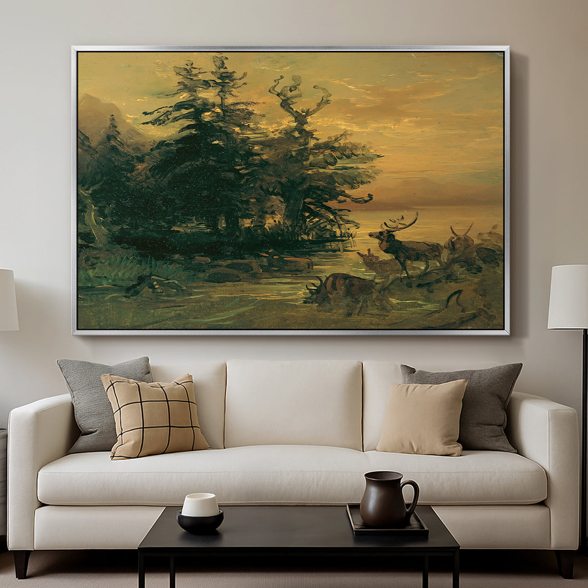 Wallowing Deer on the Shore of a Mountain Lake, c. 1850 - Floater Framed Canvas Print