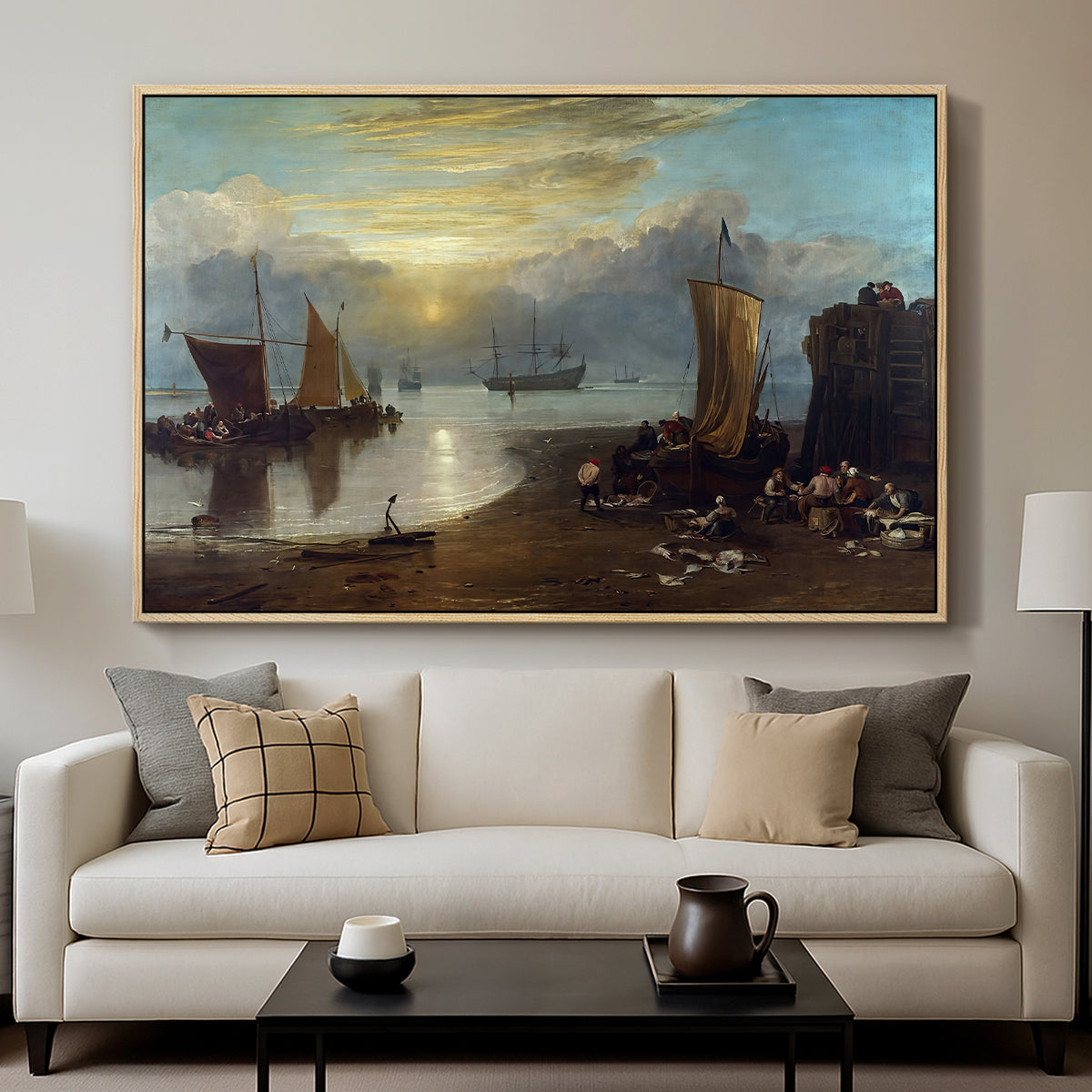 Sun Rising through Vapour: Fishermen Cleaning and Selling Fish, c. 1807 - Floater Framed Canvas Print