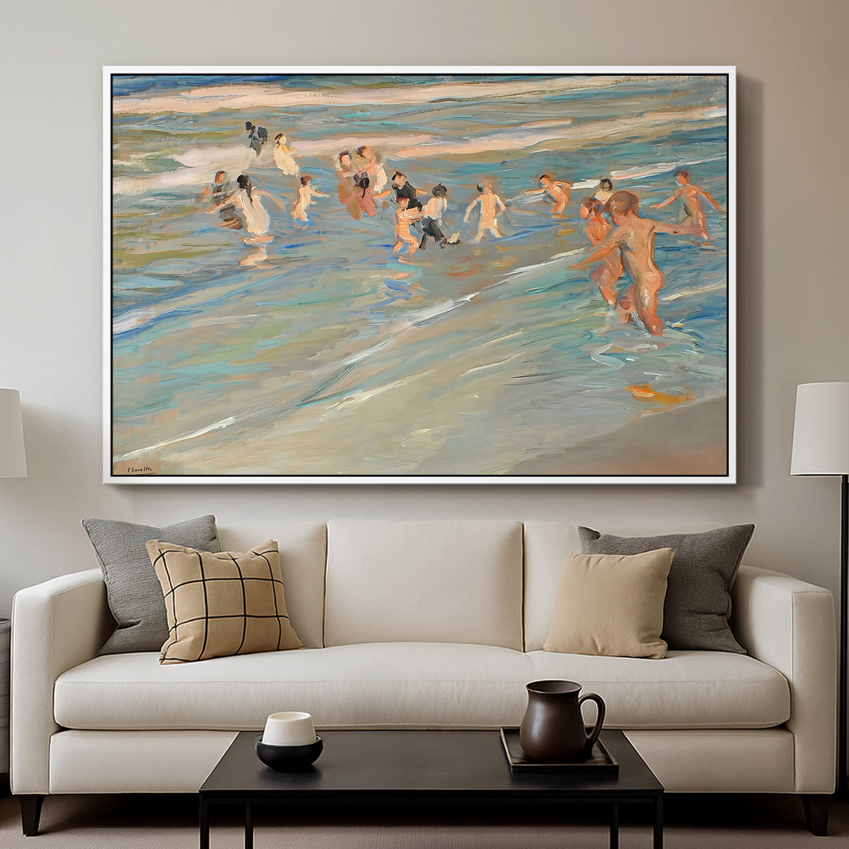 Children Playing on the Beach in Valencia, c. 1908 - Floater Framed Canvas Print