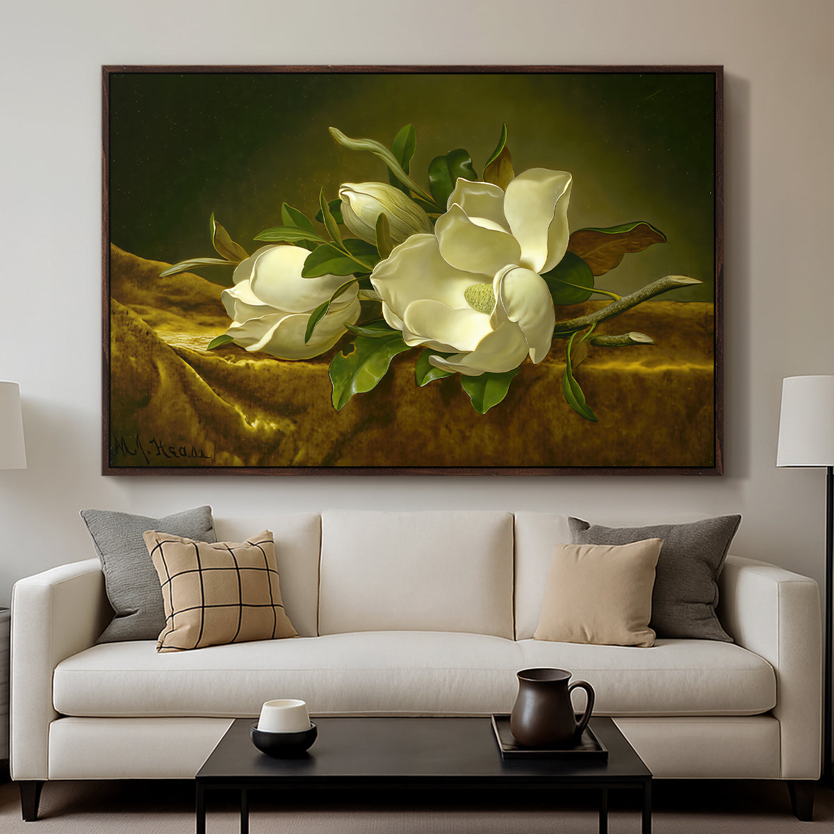 Magnolias on Gold Velvet Cloth, c. 1888-1890 - Floater Framed Canvas Print