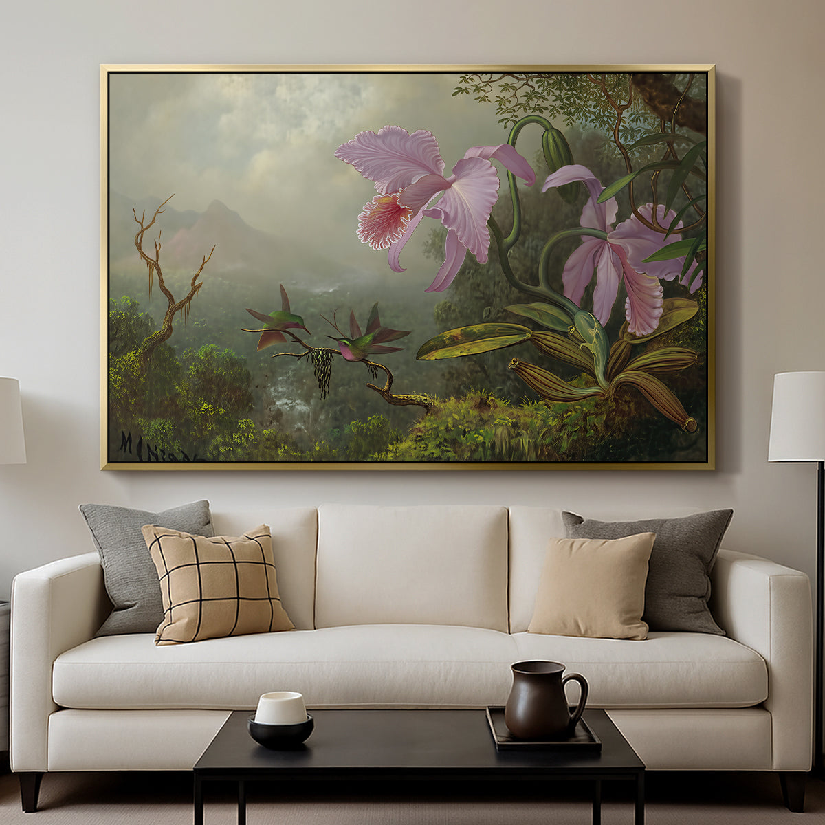 Two Sun Angel Hummingbirds on a Branch, c. 1890-1904 - Floater Framed Canvas Print