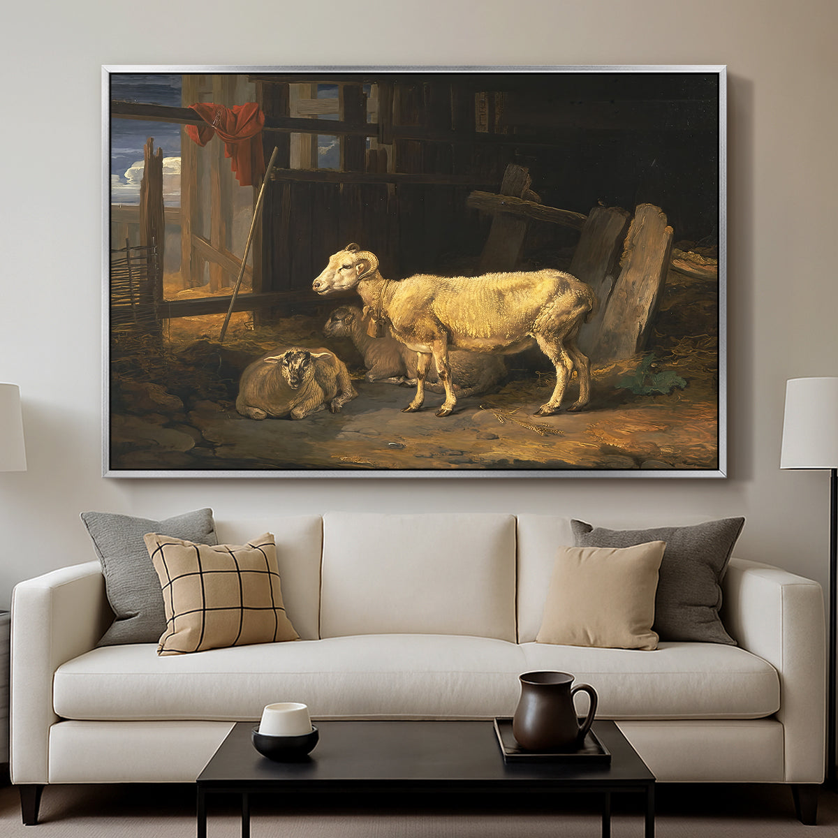 Sheep in a Stable, 1810 - Floater Framed Canvas Print