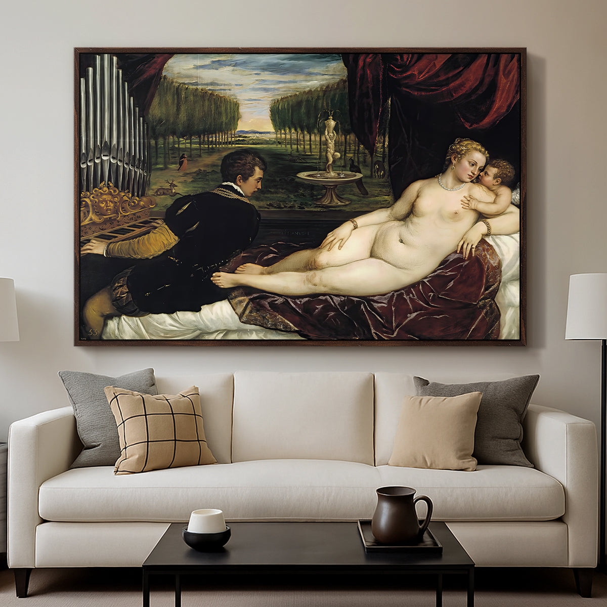 Venus with an Organist and Cupid, c. 1555 - Floater Framed Canvas Print