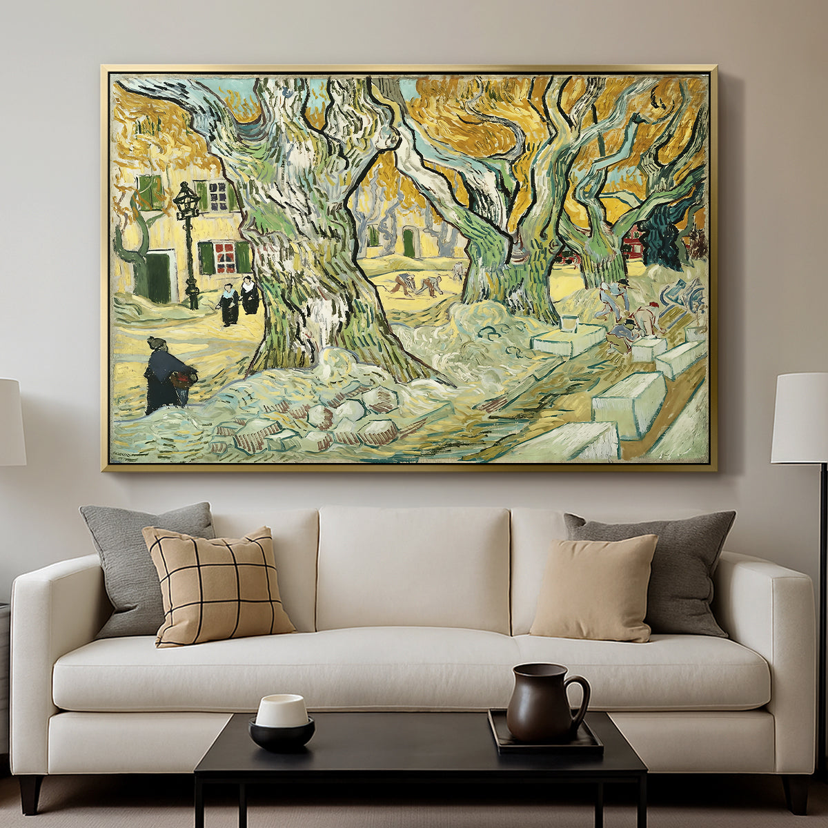 The Large Plane Trees (Road Menders at Saint-Rémy), 1889 - Floater Framed Canvas Print