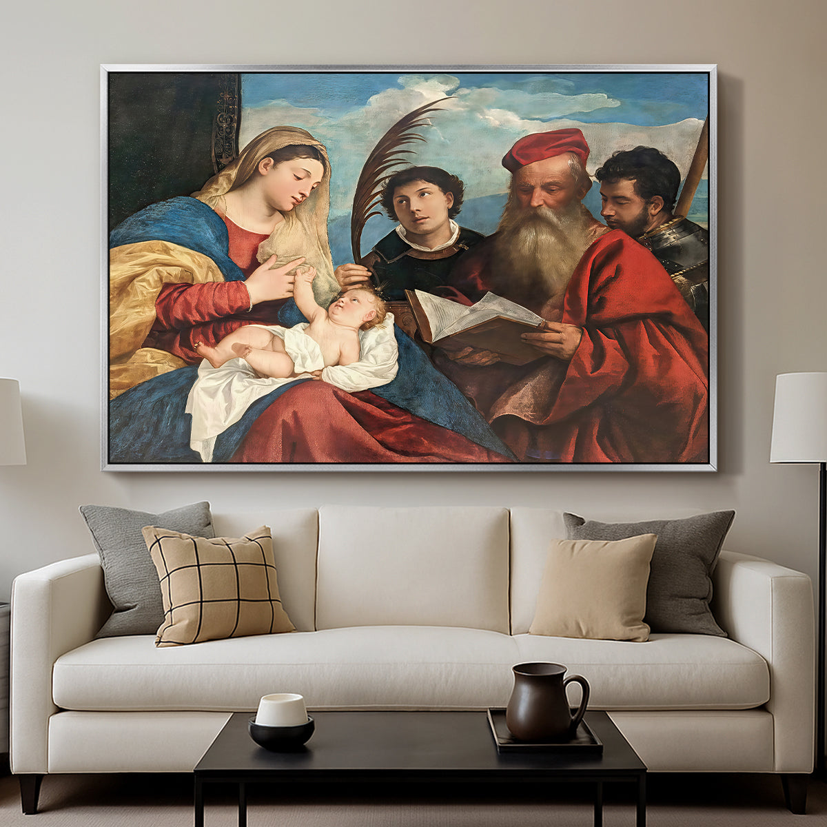 Mary and Child with Saints Stephen, Jerome and Maurice, c. 1510 - Floater Framed Canvas Print