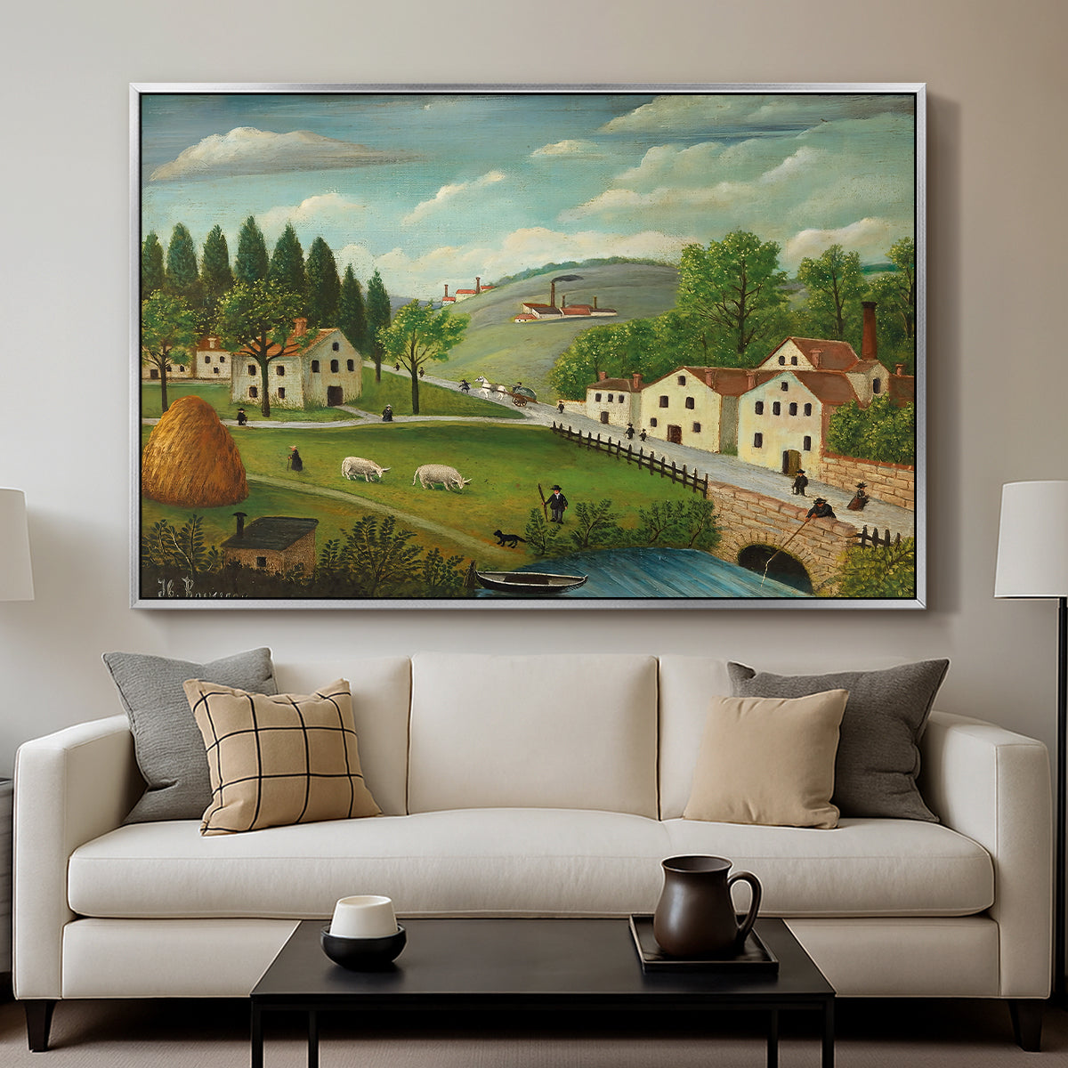 Pastoral Landscape with Stream, Fisherman and Strollers, 1875-1880 - Floater Framed Canvas Print