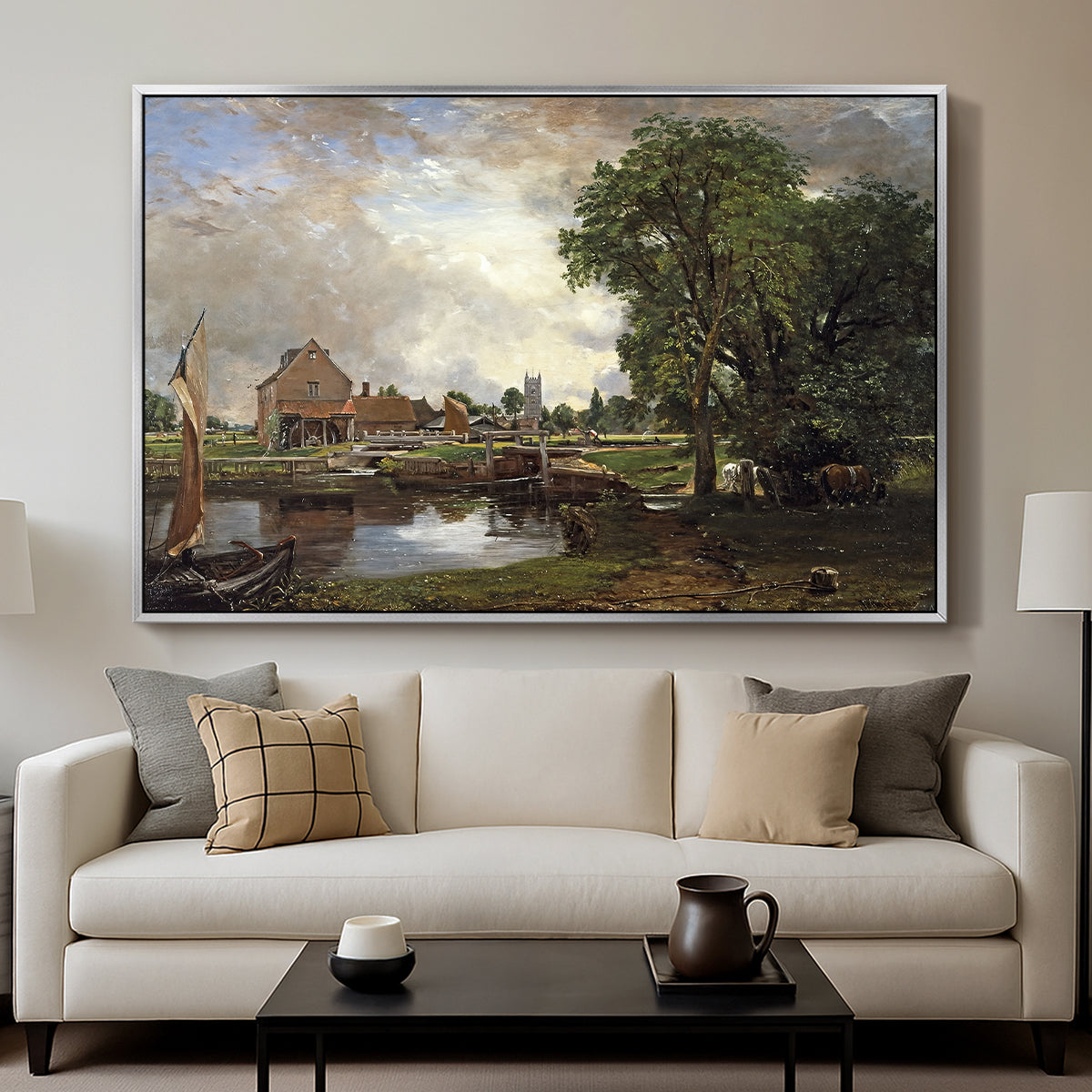 Dedham Lock and Mill, c. 1820 - Floater Framed Canvas Print