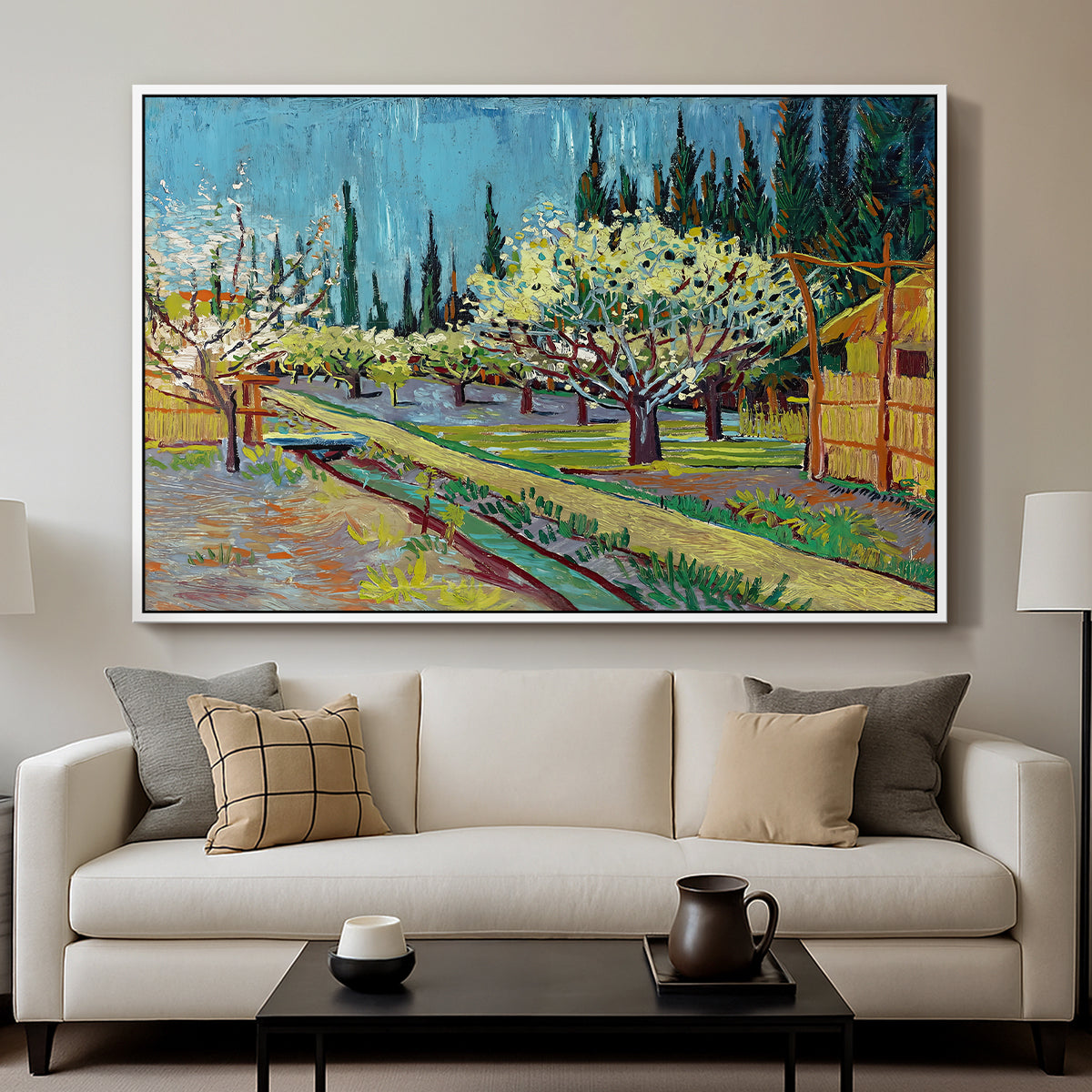 Orchard in Blossom, Bordered by Cypresses, 1888 - Floater Framed Canvas Print