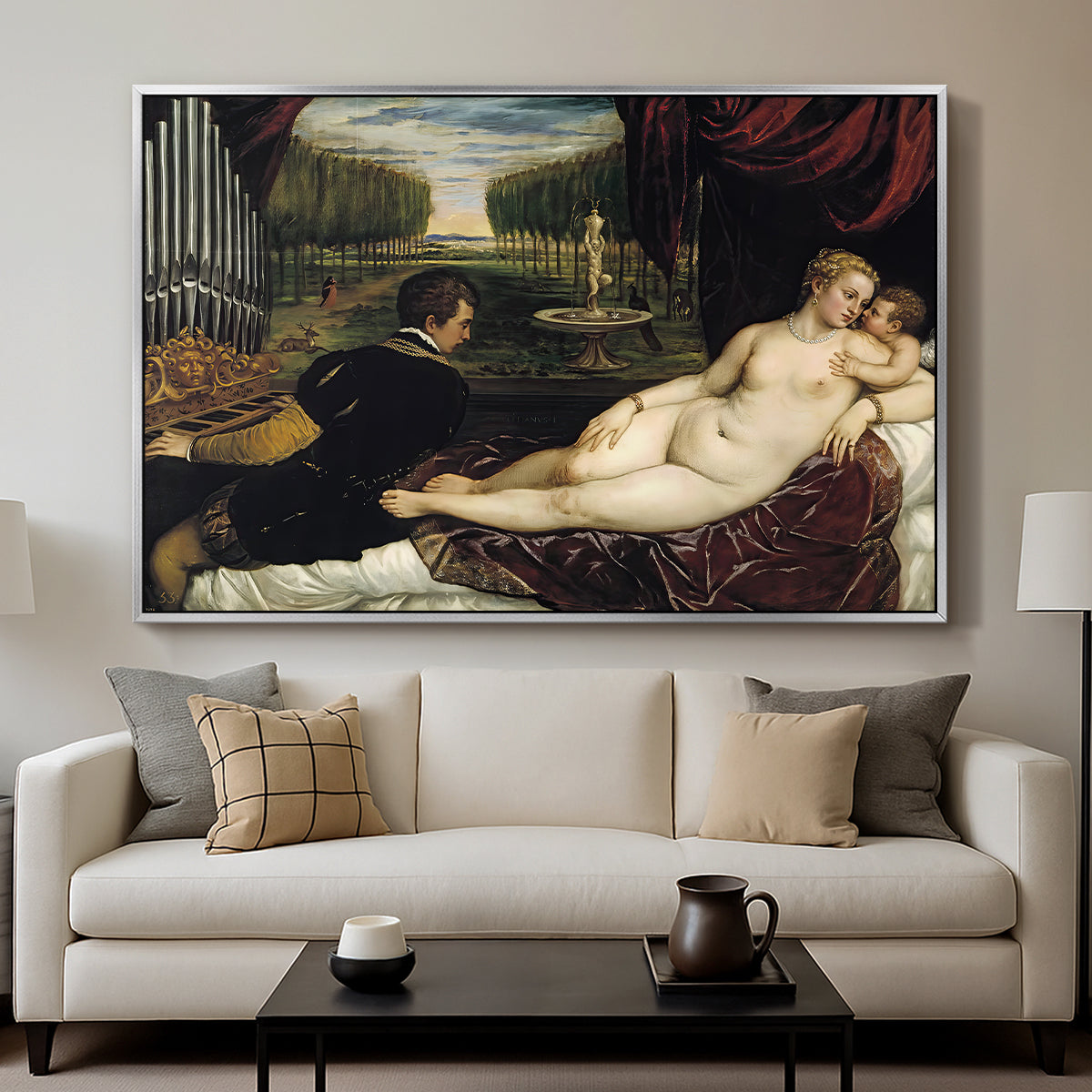 Venus with an Organist and Cupid, c. 1555 - Floater Framed Canvas Print
