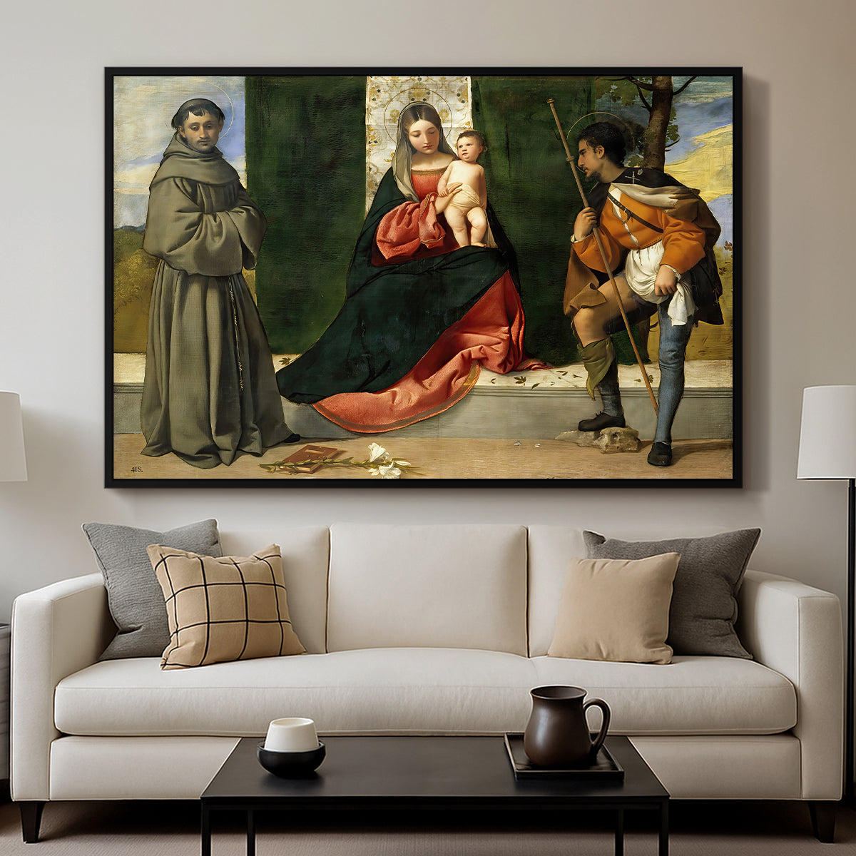 Madonna and Child with Saints Anthony of Padua and Roch, c. 1510 - Floater Framed Canvas Print